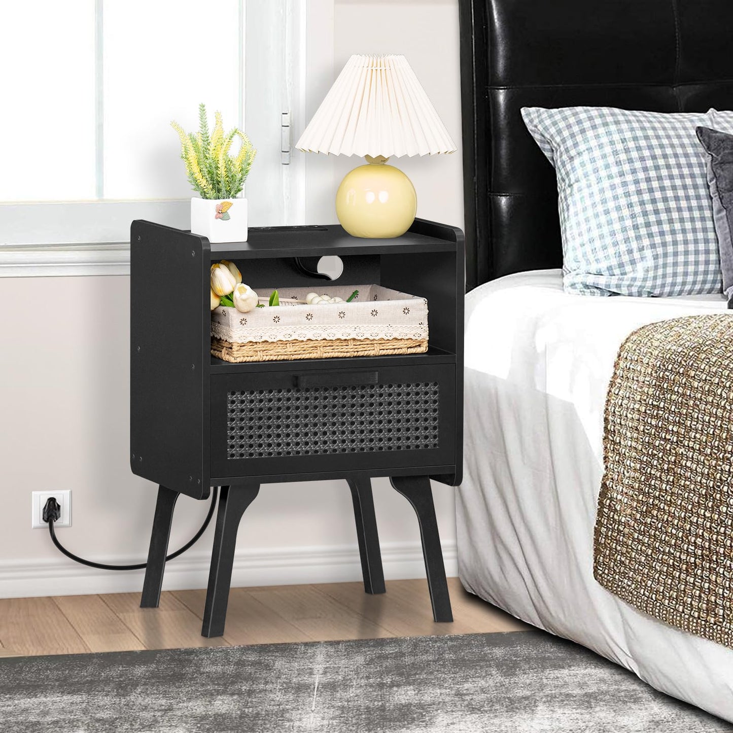 Lerliuo Rattan Nightstand with Charging Station, Side Table with Drawer Open Shelf, Cane Bedside End Table with Solid Wood Legs, Mid Century Night Stand for Bedroom, Dorm and Small Spaces (Black)