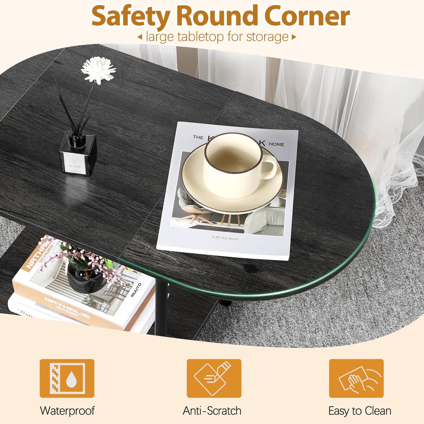 KANEODOT Small Coffee Table,35.4'' Oval Coffee Table with Storage Shelf & Metal Frame,Low Cocktail Tea Accent Table for Apartment,Modern Mid Century Small Living Room Table,Dark Gray