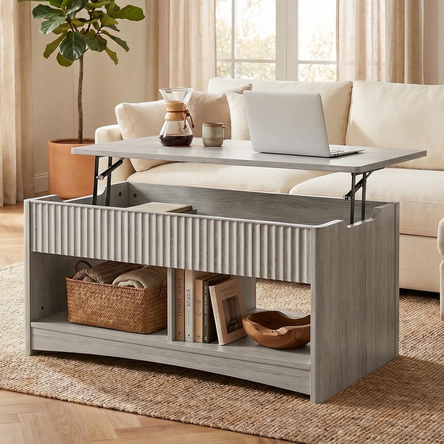 Marsail Lift-Top Coffee Table, Fluted Center Table with Hidden Compartments, Smooth Lifting & Space-Saving Design, Versatile Wood Coffee Table for Living Room and Office, Grey