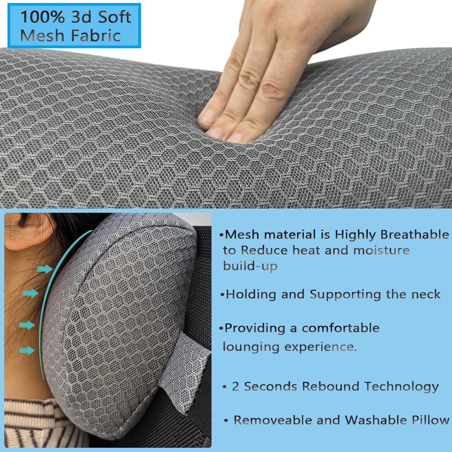 REEZEIVI 1Pack Headrest Pillow for Patio Chaise Lounge,Chaise Lounge Pillows Outdoor 3D air mesh with Elastic Band,Quick Drying and Washable Spa Pillow for Recliner,Beach Chair,Office Chair Gray