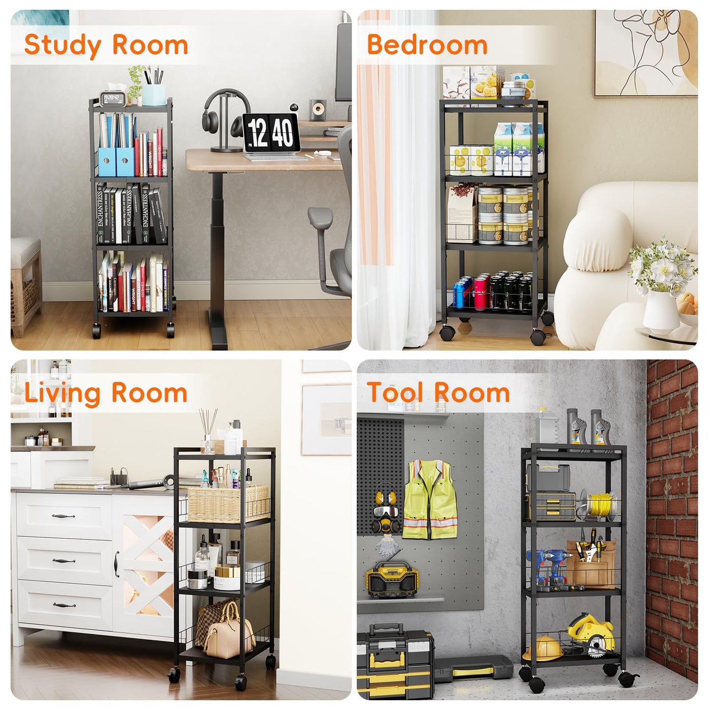 Expandable Slim Storage Cart with Wheels, 4 Tier Narrow Metal Rolling Utility Cart Organizer Adjustable Open Floor Shelving Unit for Small Spaces Bathroom Laundry Room Kitchen