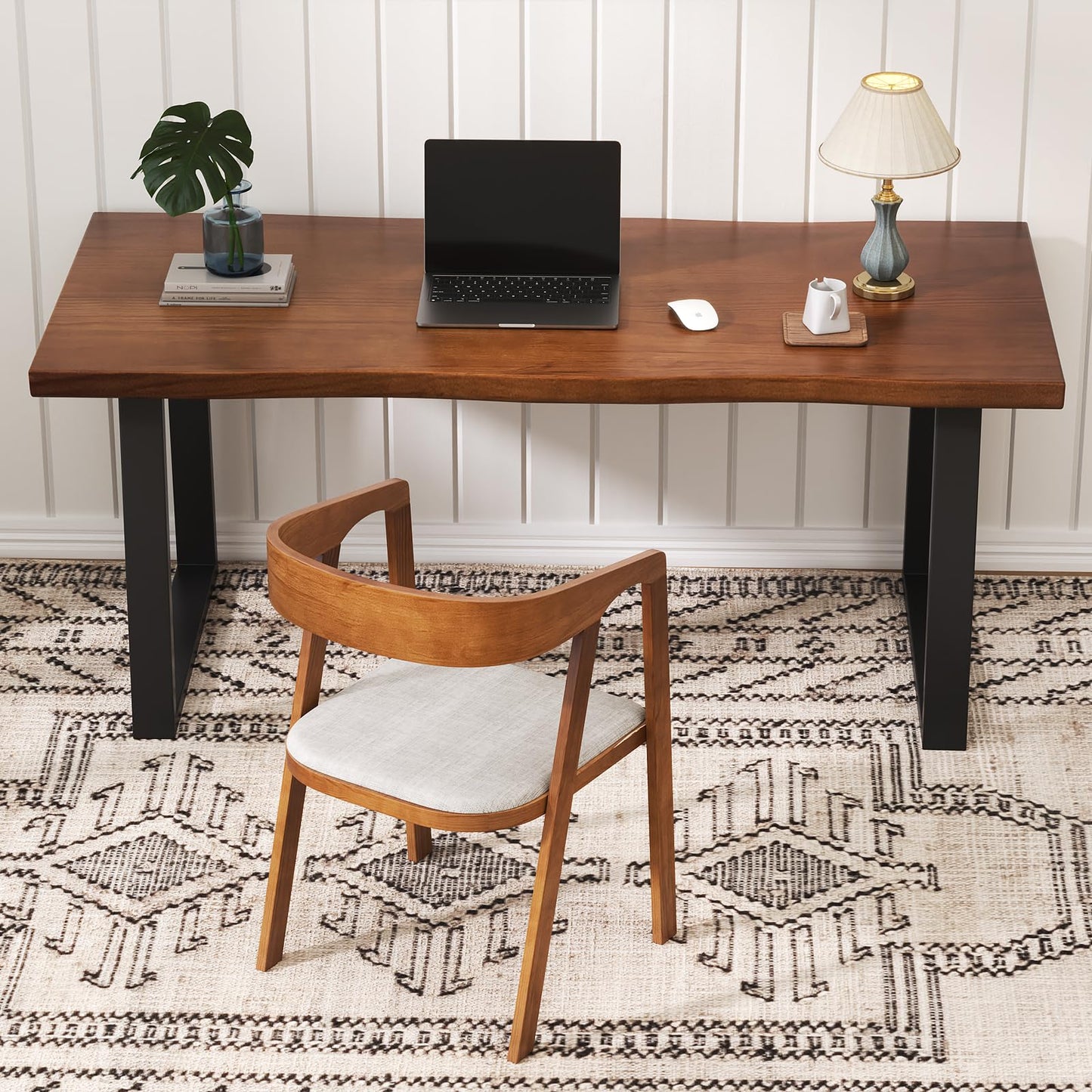 wangbochuan Solid Wood Administrative Computer Desk - Rustic Style Large Office Desk, Modern Minimalist Workstation for Home, Ideal for Learning, Writing, and Professional Use (Dark Yellow, 55.12in)