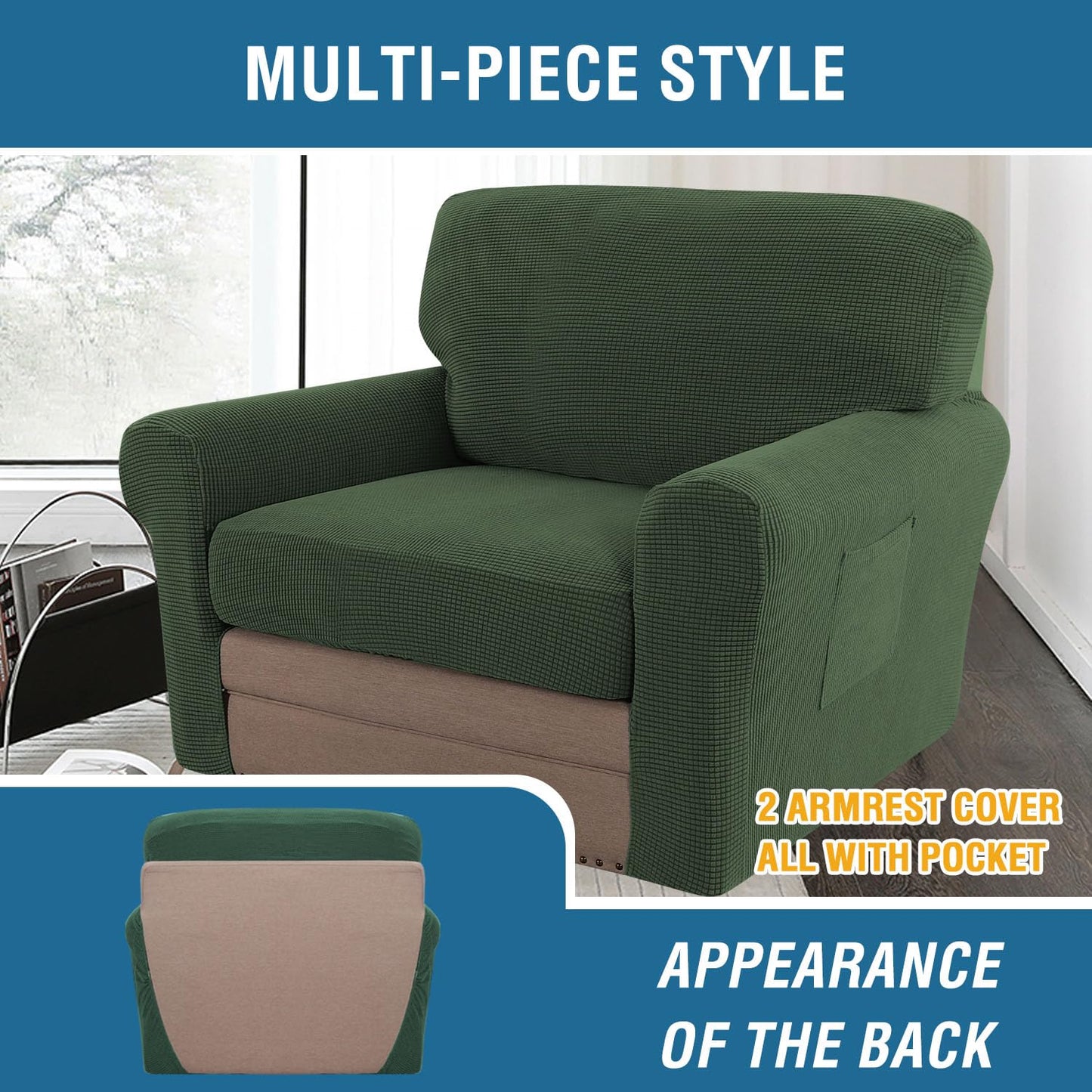 H.VERSAILTEX Multi-Pieces Chair Covers Stretch Couch Covers Form Fitted Seat and Back Cushions Covers (1 Seat Cover Plus 1 Back Cusion Cover, Bonus 2 Armrest Covers), Bronze Green