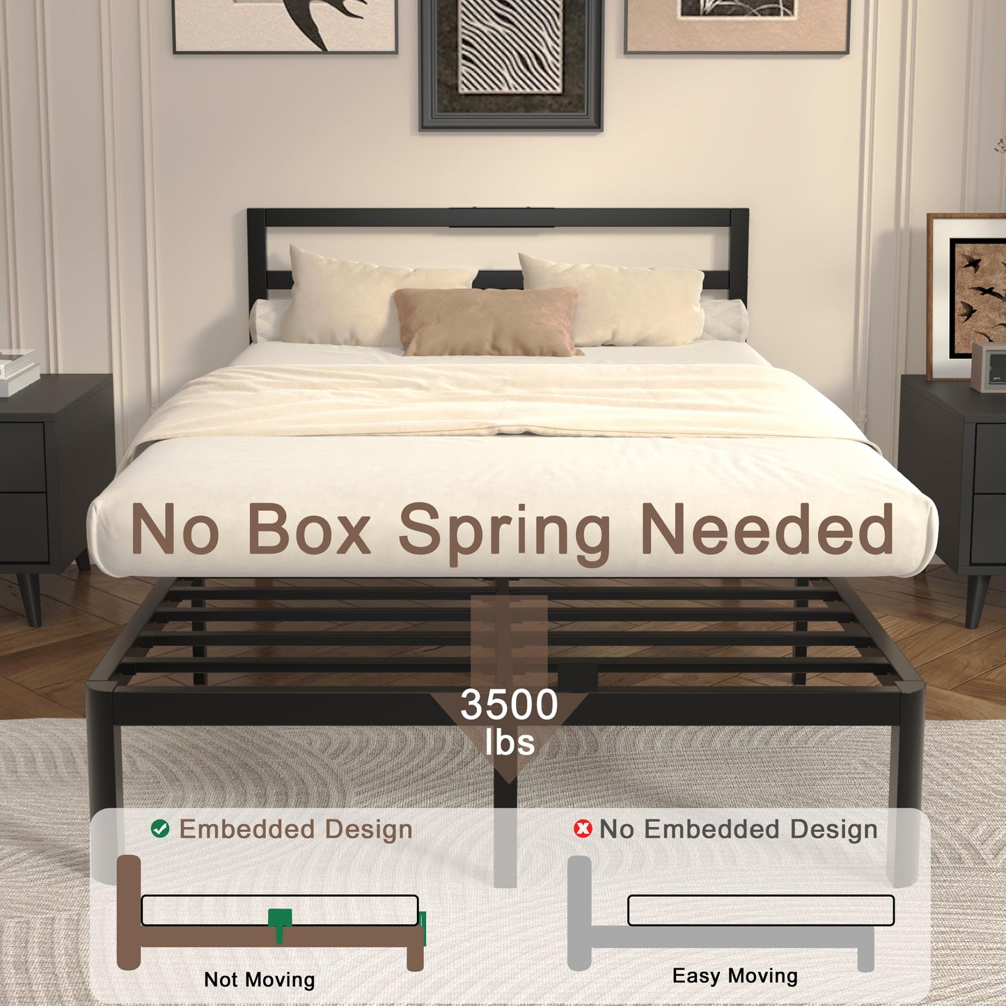 ZKQ 14 Inch Full Bed Frame with Headboard, Black Metal Full Size Bed Frame, No Box Spring Need, Anti-Slip Gaskets, Noise-Free, Heavy Duty Steel Platform Support, Easy Assembly