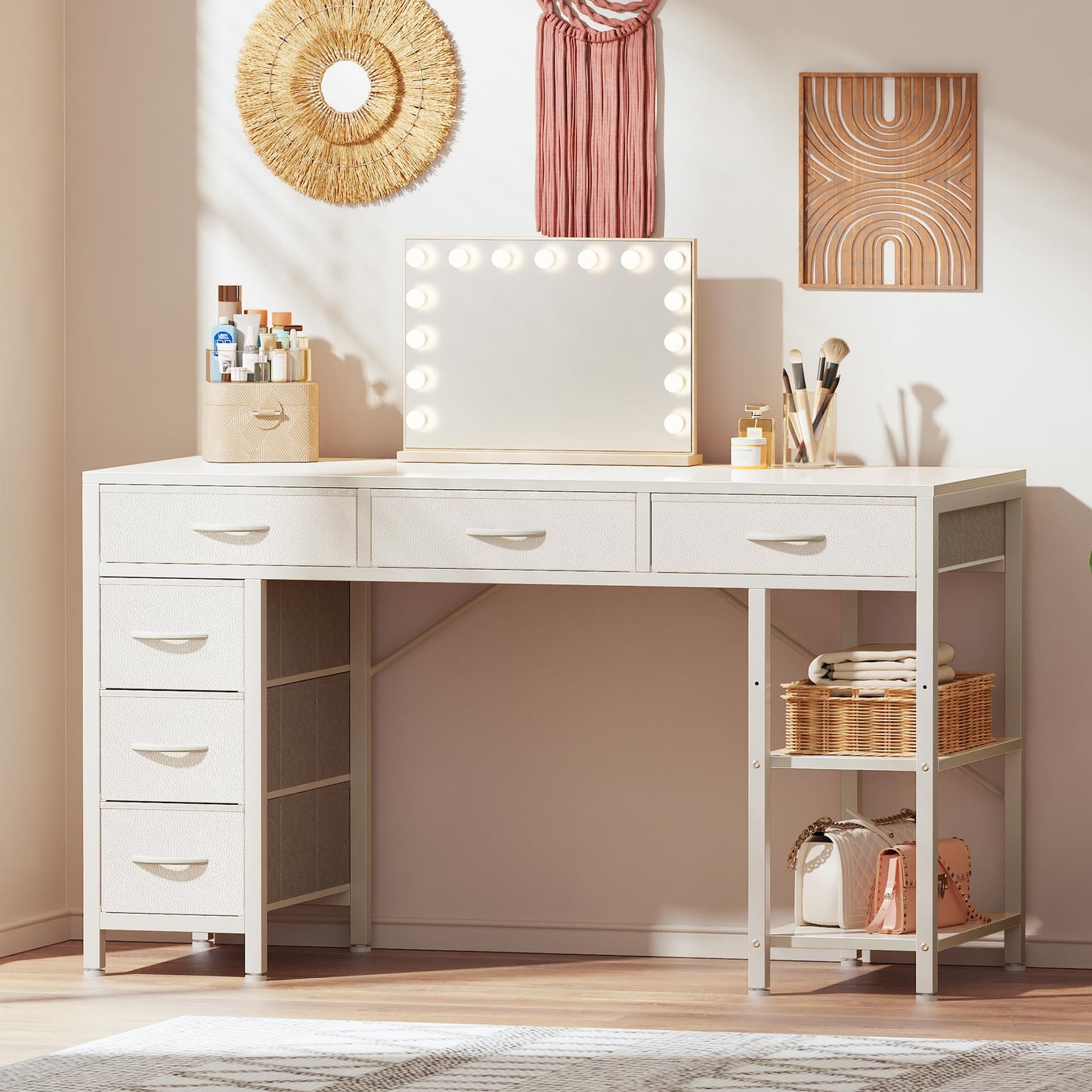 Huuger Computer Desk with 6 Drawers, Office Desk with Shelves, Reversible Gaming Desk, Corner Desk with Storage, Work for Home Office, Study, Living Room, 47inch, White