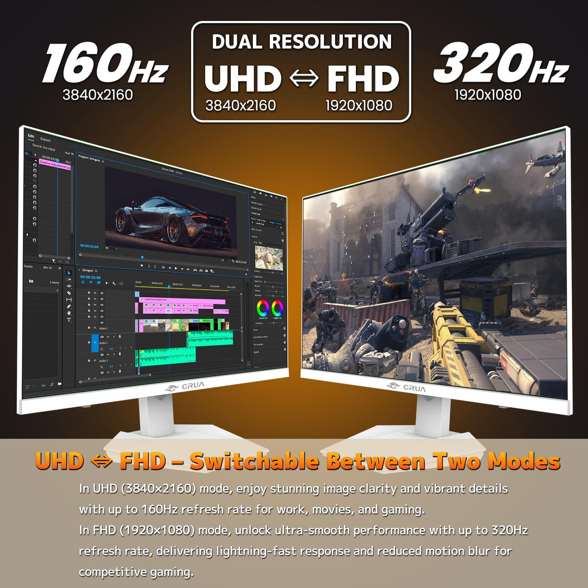 CRUA 27'' 4K Gaming Monitor, UHD 160Hz / FHD 320Hz Dual Mode IPS White Computer Monitors, Rotating/Pivot & Height-Adjustable, AMD FreeSync, Built-in Speakers, PIP/PBP, HDMI 2.1 & DP 1.4