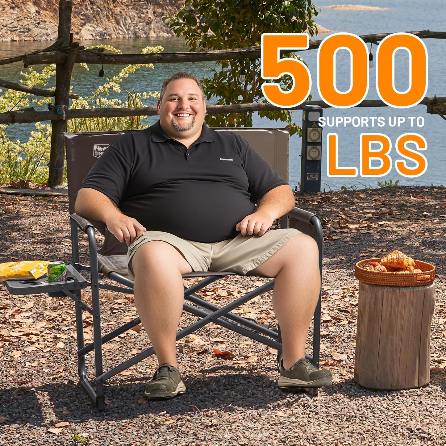TIMBER RIDGE XXL Director’s Chair – Heavy Duty Folding Chair with Side Table, 500 lb Capacity, Extra Wide Padded Seat for Camping, Sports, Beach, Patio, and Outdoor Use, Tan-2 Pack