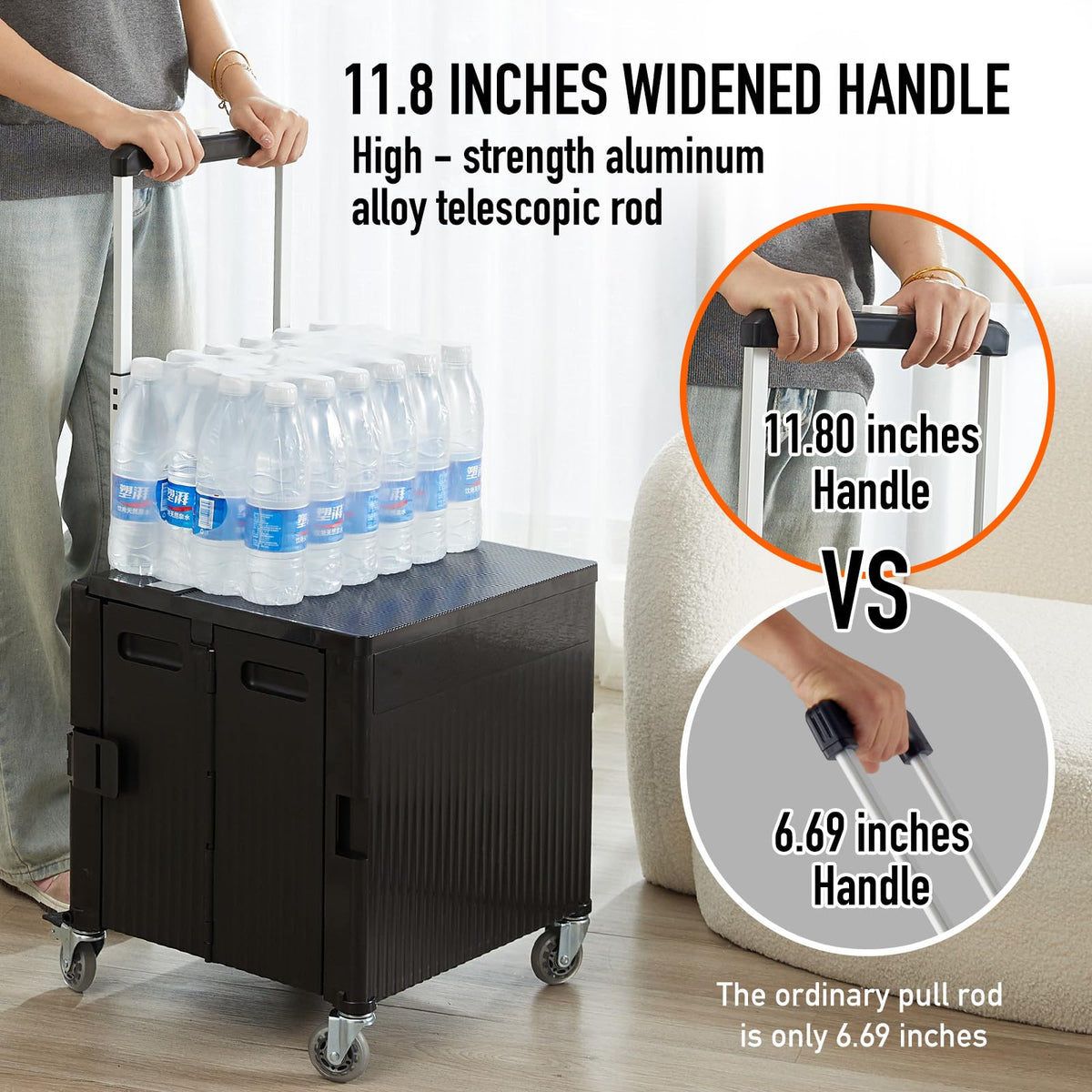 Folding Utility Cart Portable Rolling Crate Handcart Shopping Trolley Collapsible Tool Box, with Lid, on Rotate Wheels, for Grocery, Shopping, Office, Teacher, Camp,File (Black)