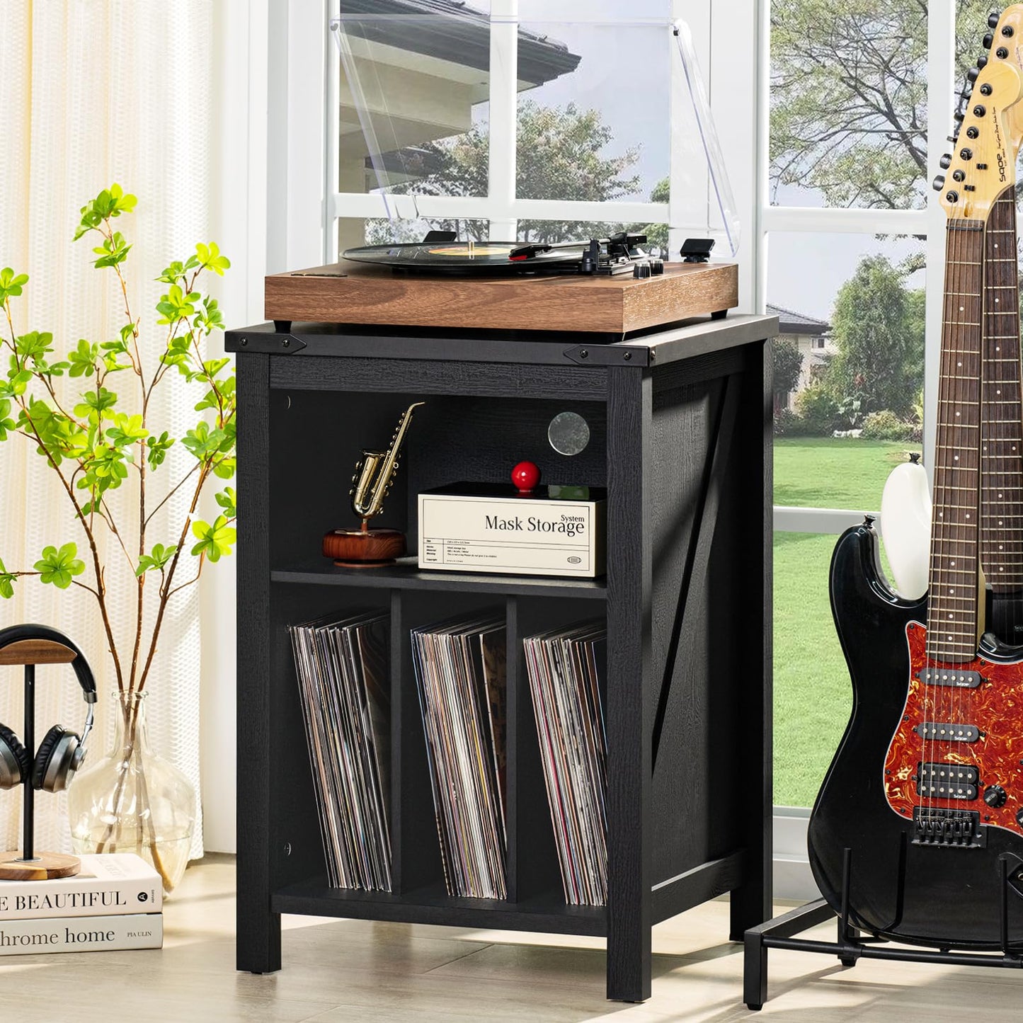Joaxswe Record Player Stand with Vinyl Record Storage,Black Record Player Table Holds up to 160 Albums,Large Wood Turntable Stand Cabinet Dispaly Shelf for Living Room,Bedroom,Office