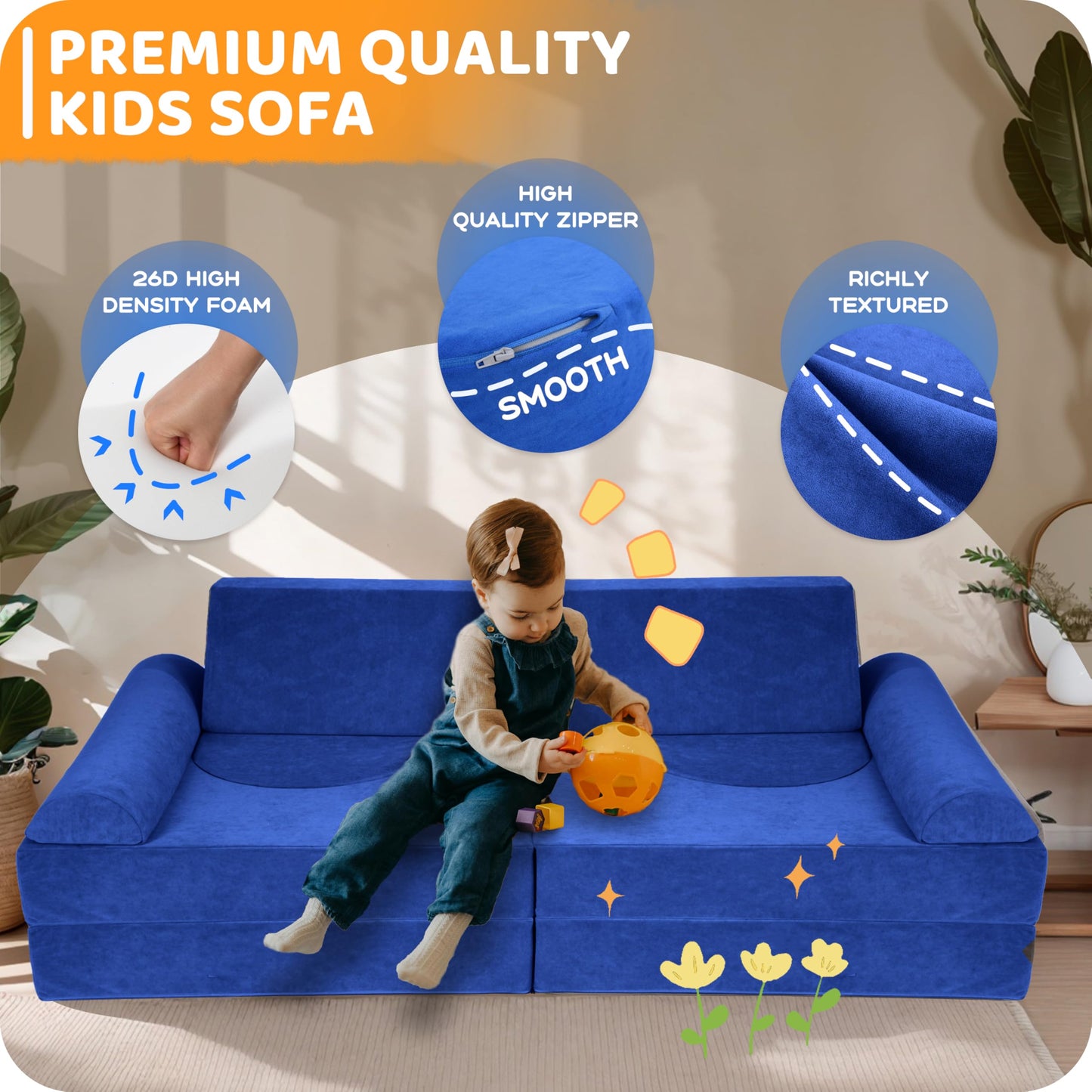 Winhomish 12 Pcs Modular Kids Play Couch – Premium Soft Foam, Removable Cover, Comfortable & Safe Toddler Couch for Children 1-6 Years, Portable & Easy to Clean, Ideal for Living Room & Playroom, Blue