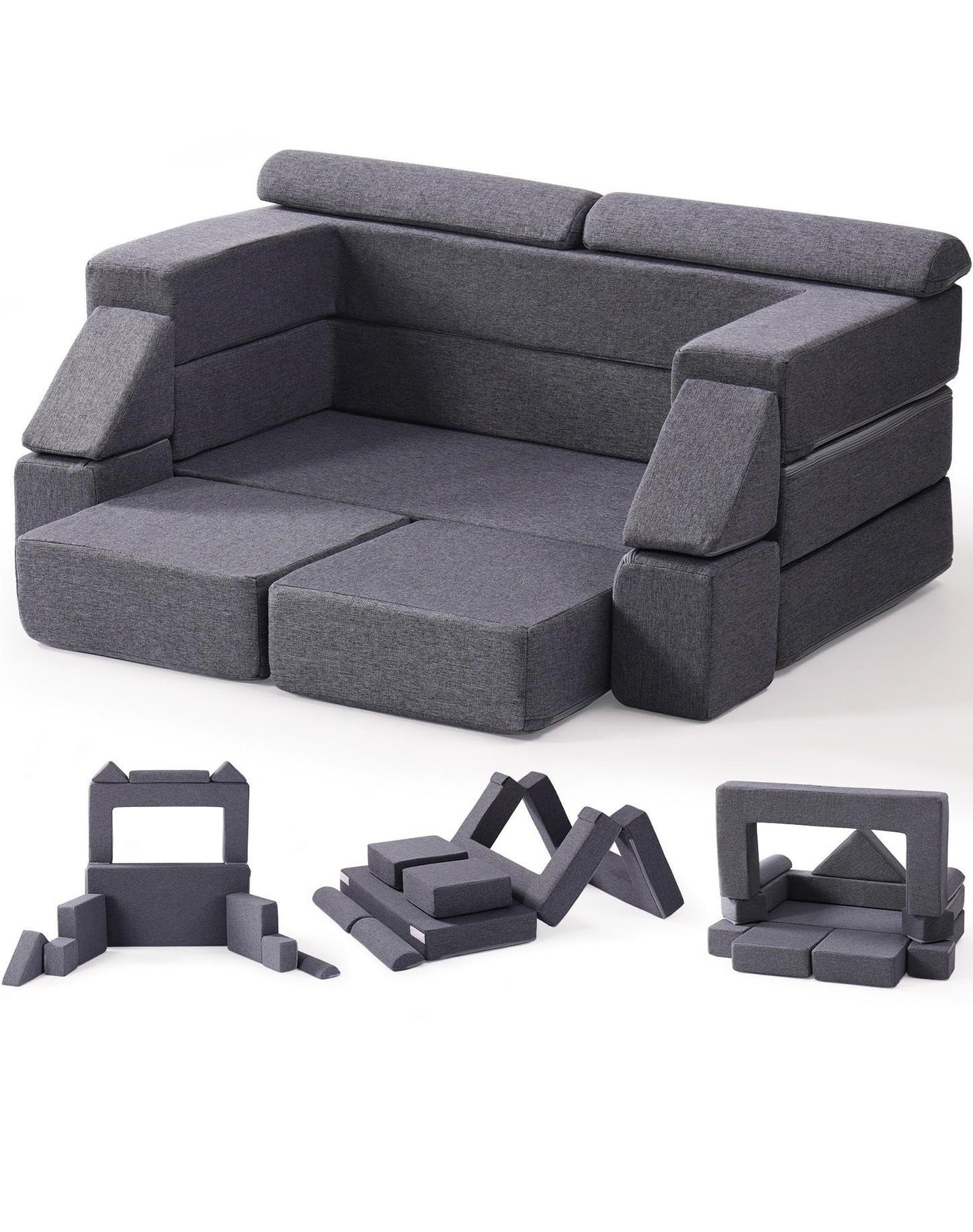 ROBUD Kids Couch, Gray Modular Kids Play Couch, DIY-Style & Washable Toddler Sofa for Playroom, Bedroom, Nursery, WG412
