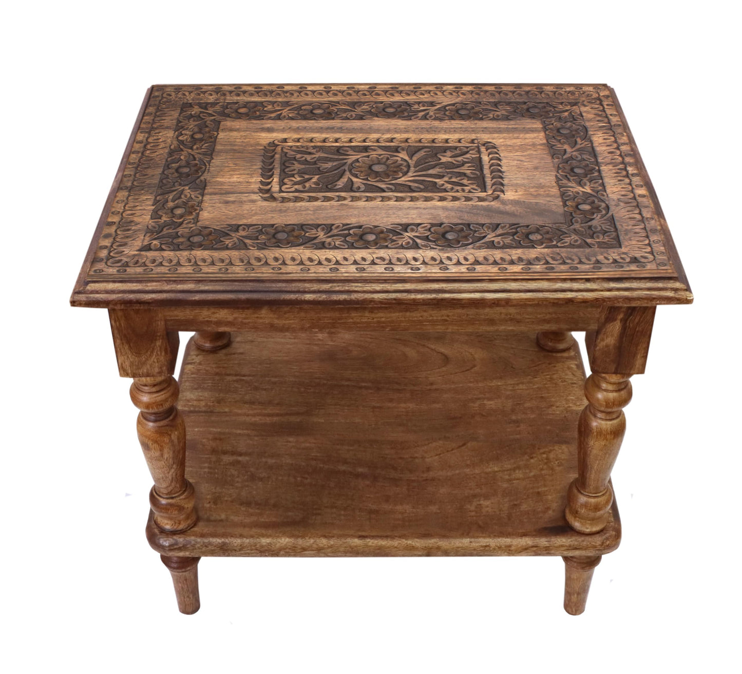 COTTON CRAFT Solid Wood End Table - Hand Carved Vintage Farmhouse Boho Side Table with Bottom Shelf - Small Spaces Entryway Living Room Bedside - No Tools Assembly - 21x16x18 - Brown