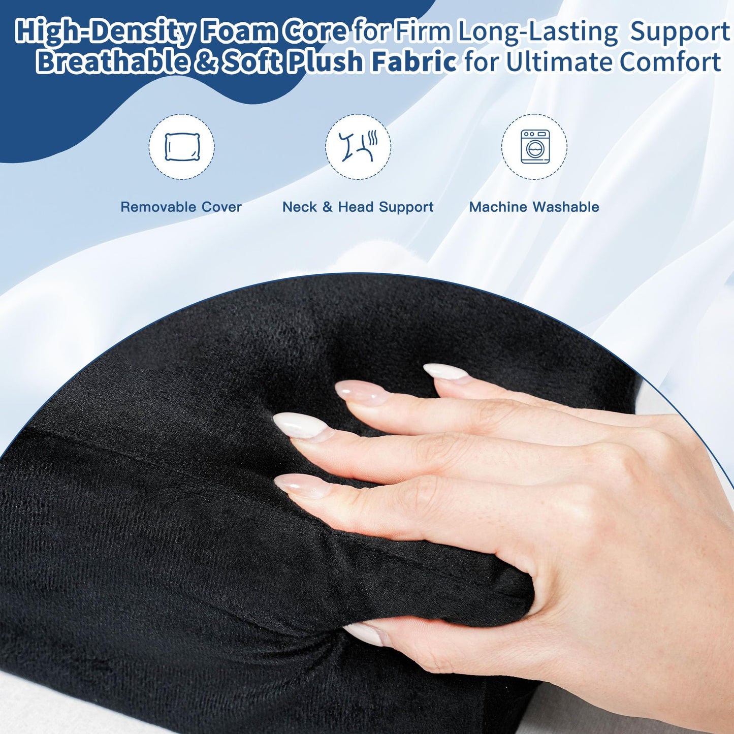 SCFOAMZAI Lash Pillow for Eyelash Extensions - Ergonomic Memory Foam Bed Pillow with Neck & Back Support, Removable Velvet Cover & Side Tool Pockets, Fits Lash Beds for Tech (Black)