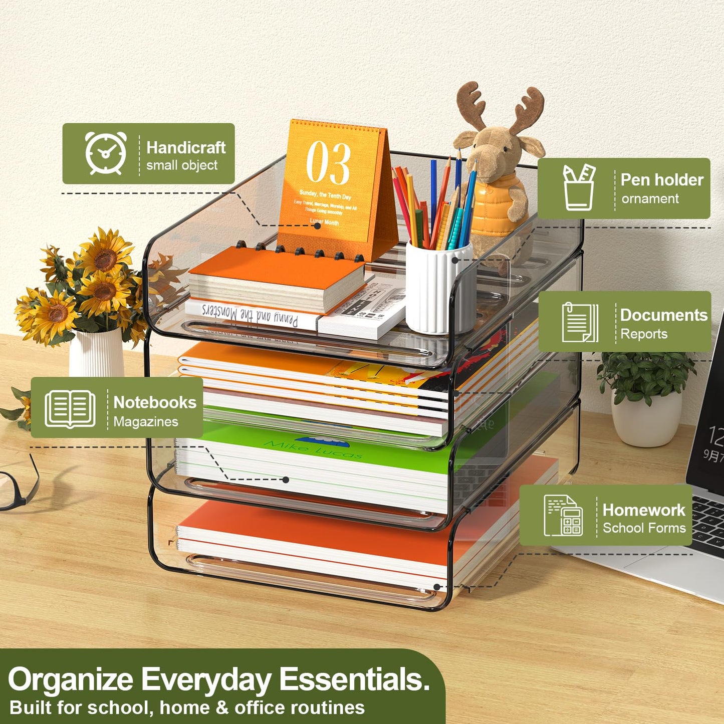 FANXIYQ 4-Tier Acrylic Paper Tray Organizer, Clear & Brown Stackable Desk Organizer for Documents, Files, A4 Paper, Mail, Books & Office Supplies, Office Classroom Home