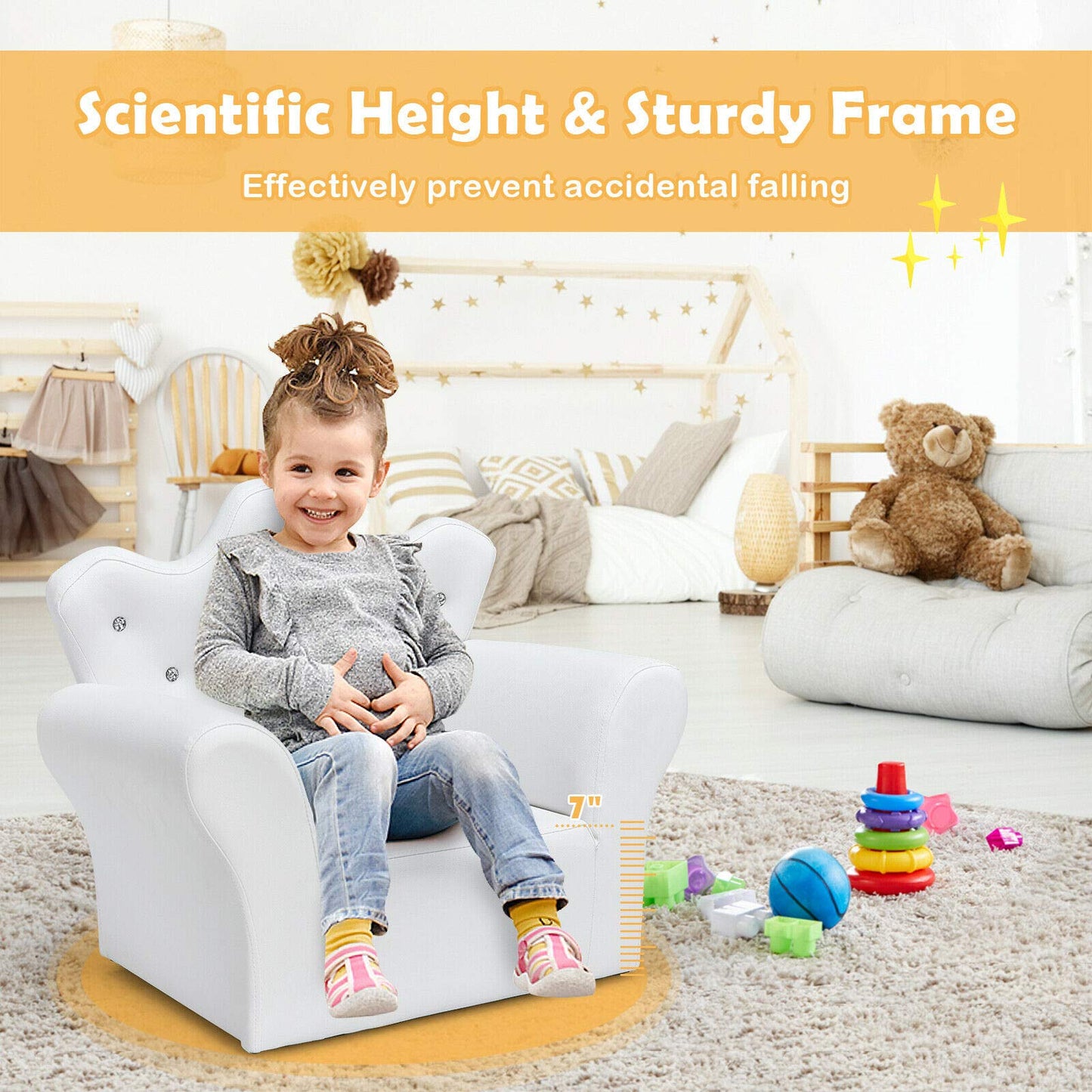 Costzon Kids Sofa, Children Upholstered Sofa with Ottoman, Princess Sofa with Diamond Decoration, Ottoman, Smooth PVC Leather Toddler Chair, Kids Couch for Preschool Boys and Girls Gift (White)