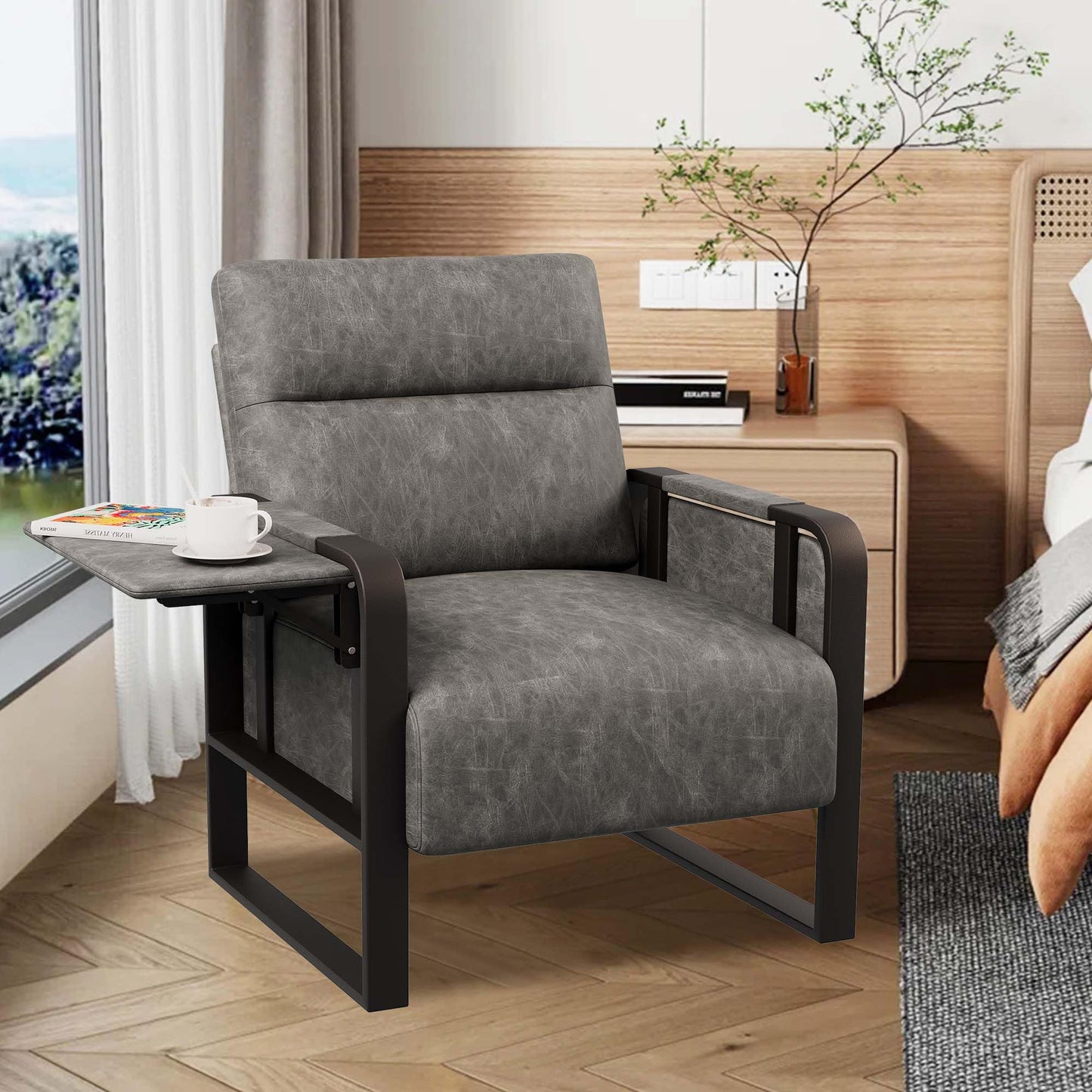 Apeaka PU Leather Accent Chair, Modern Armchair with Foldable Table Upholstered Side Chairs for Living Room Bedroom Office Chair Grey
