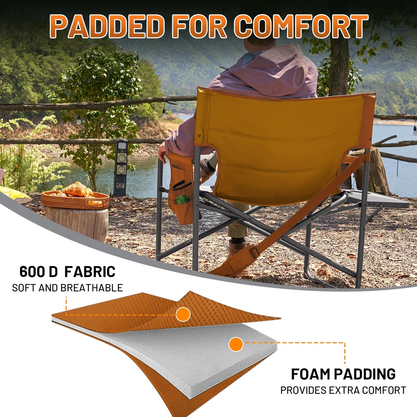 Timber Ridge XXL Director’s Chair – Heavy Duty Folding Camping Chair for Adults, 500lb Capacity, Extra Wide Padded Seat for Camping, Sports, Lawn, Courtyard, and Outdoor Use, Orange