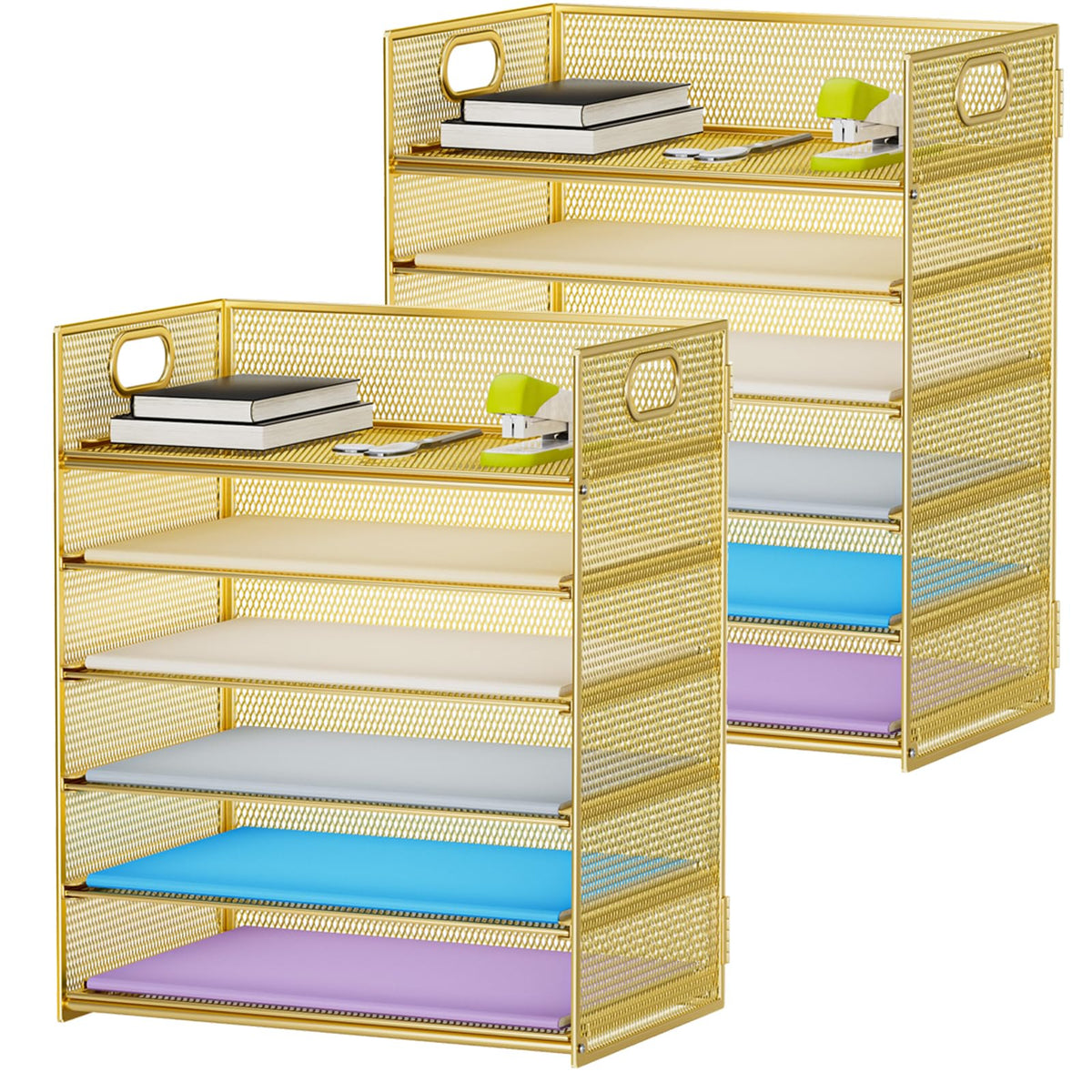 Marbrasse 2 Pack Desk Organizer with Handle, 6 Tier Paper Letter Tray, Mesh Desk File Organizer for Office, School and Home - Gold