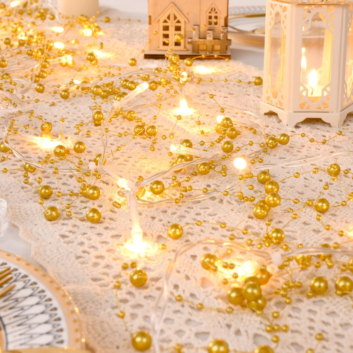Christmas Garland with Lights, 2Pcs Lighted Berry Garland, Gold