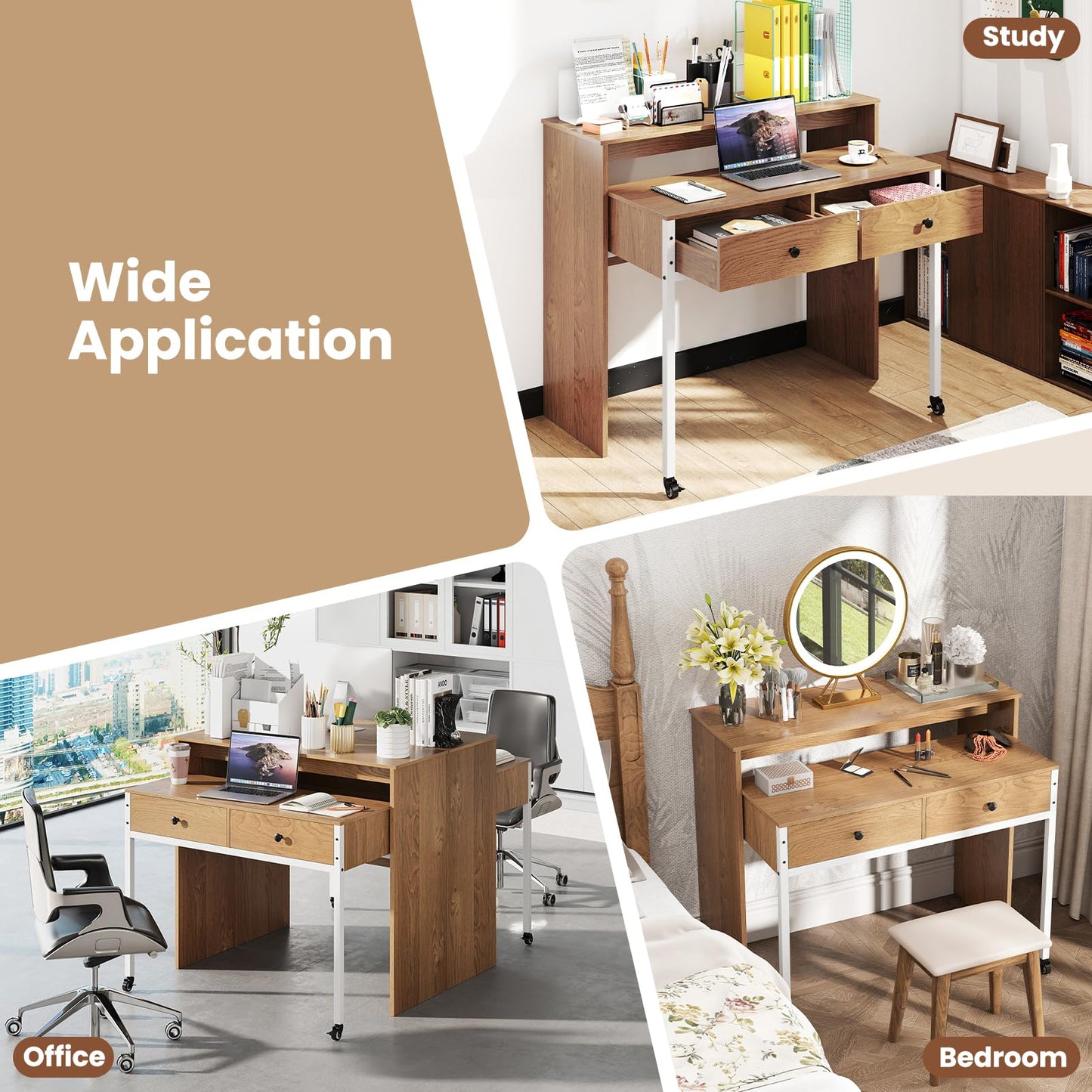 Giantex Small Computer Desk with Hutch & Drawers, Extendable Writing Desk w/Pull Out Secondary Table, Monitor Stand & Rolling Wheels, Console Table, Compact Desk for Small Spaces (Natural)