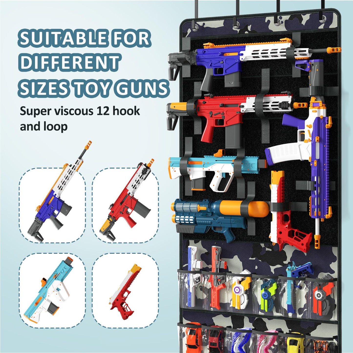 Over The Door Organizer for Toy Guns, Toy Storage, Toys Organizer with Pockets, Hook&Loop Straps for Foam Blasters, Darts, Goggles, Hanging Toys Gun Storage for Kid Rooms, Play rooms, Camouflage