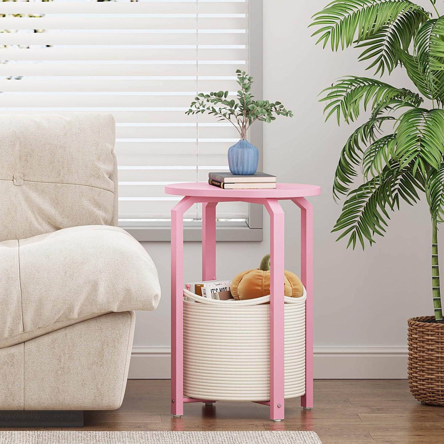 TUTOTAK Set of 2 Oval End Tables with Woven Storage Baskets, Pink Small Side Tables for Living Room, Bedroom, Pink TB01BP0932