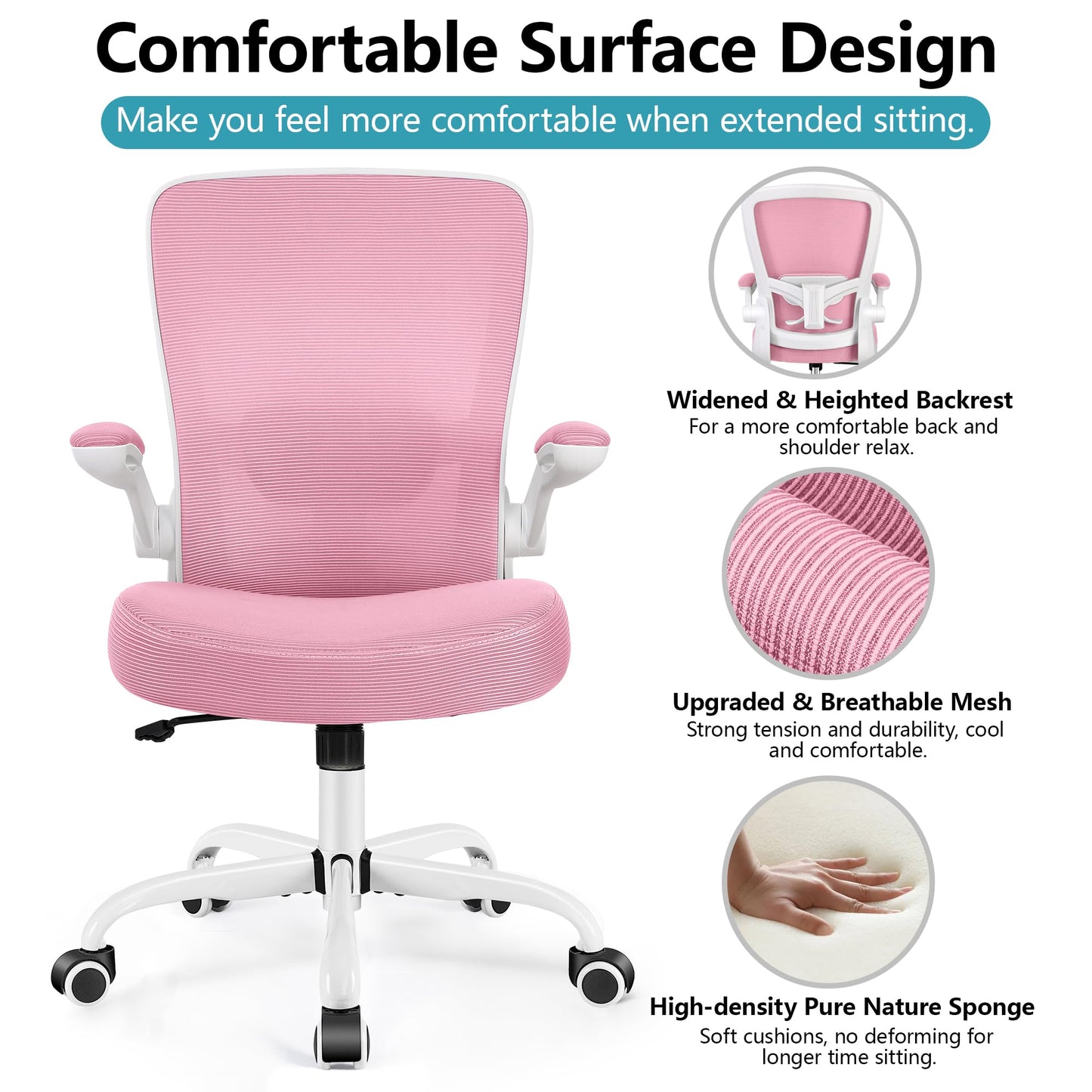 FelixKing Office Chair, Ergonomic Desk Chair Breathable Mesh Chairs Adjustable High Back Lumbar Support Flip-up Armrests, Executive Rolling Swivel Comfy Computer Chairs Home Office Pink
