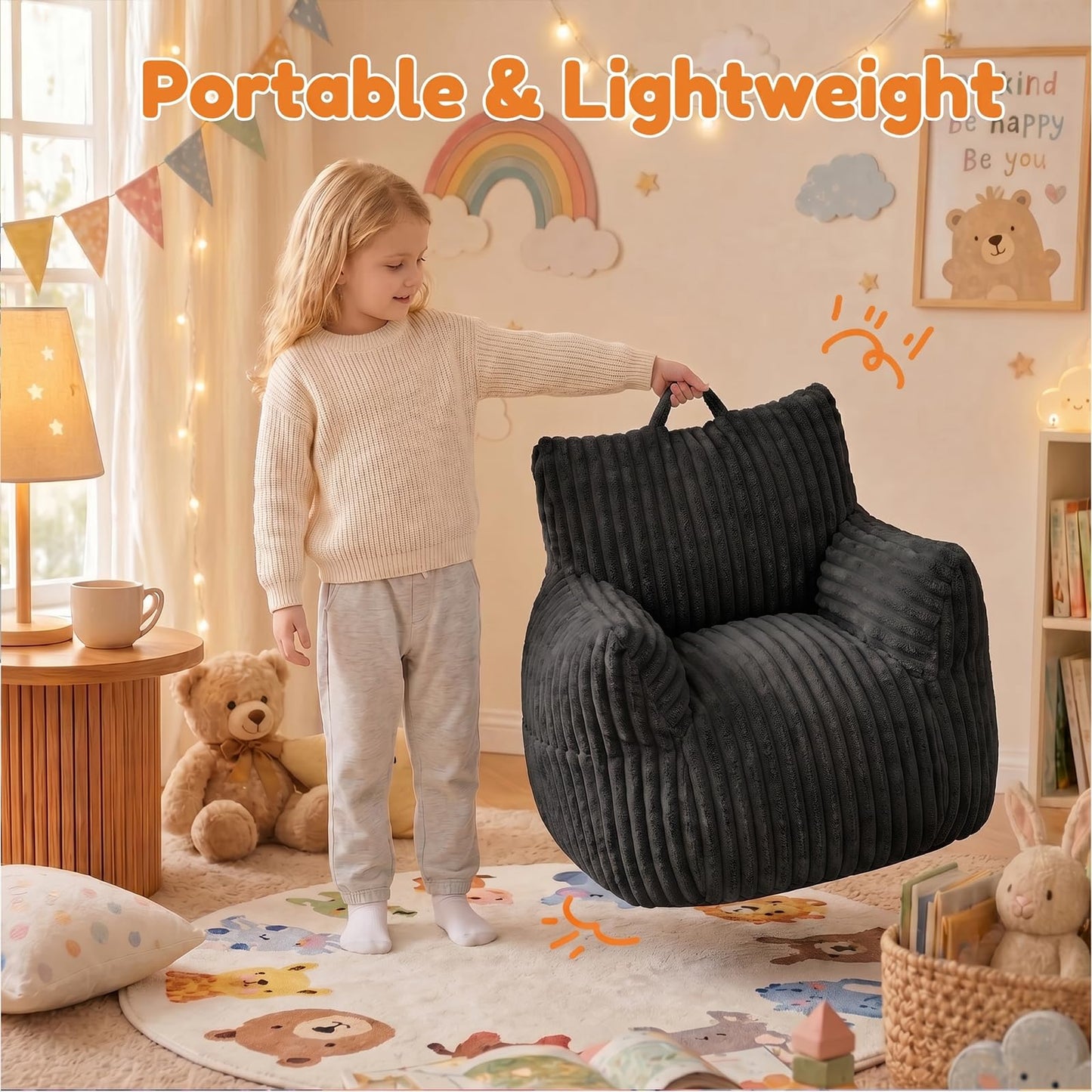 MaxiBean Bean Bag Chair - Plush Faux Fur Floor Seating Furniture Bean Bag Chair for Living Room, Bedroom, Playroom (2.5FT Stripe Black)