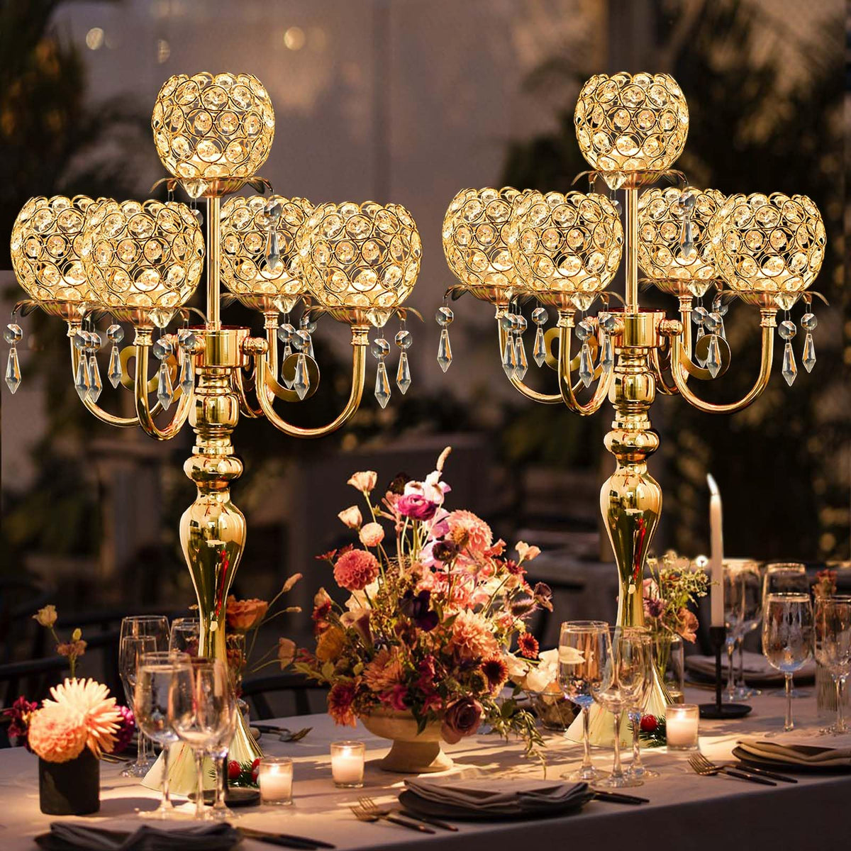 kolnlala 4Pcs 22 Inch Tall 5-Arm Gold Elegant Crystal Candelabra – Fancy Looking Candle Holder, Perfect for Your Table Centerpiece, Wedding & Christmas Dinner Party Events, Home Decor