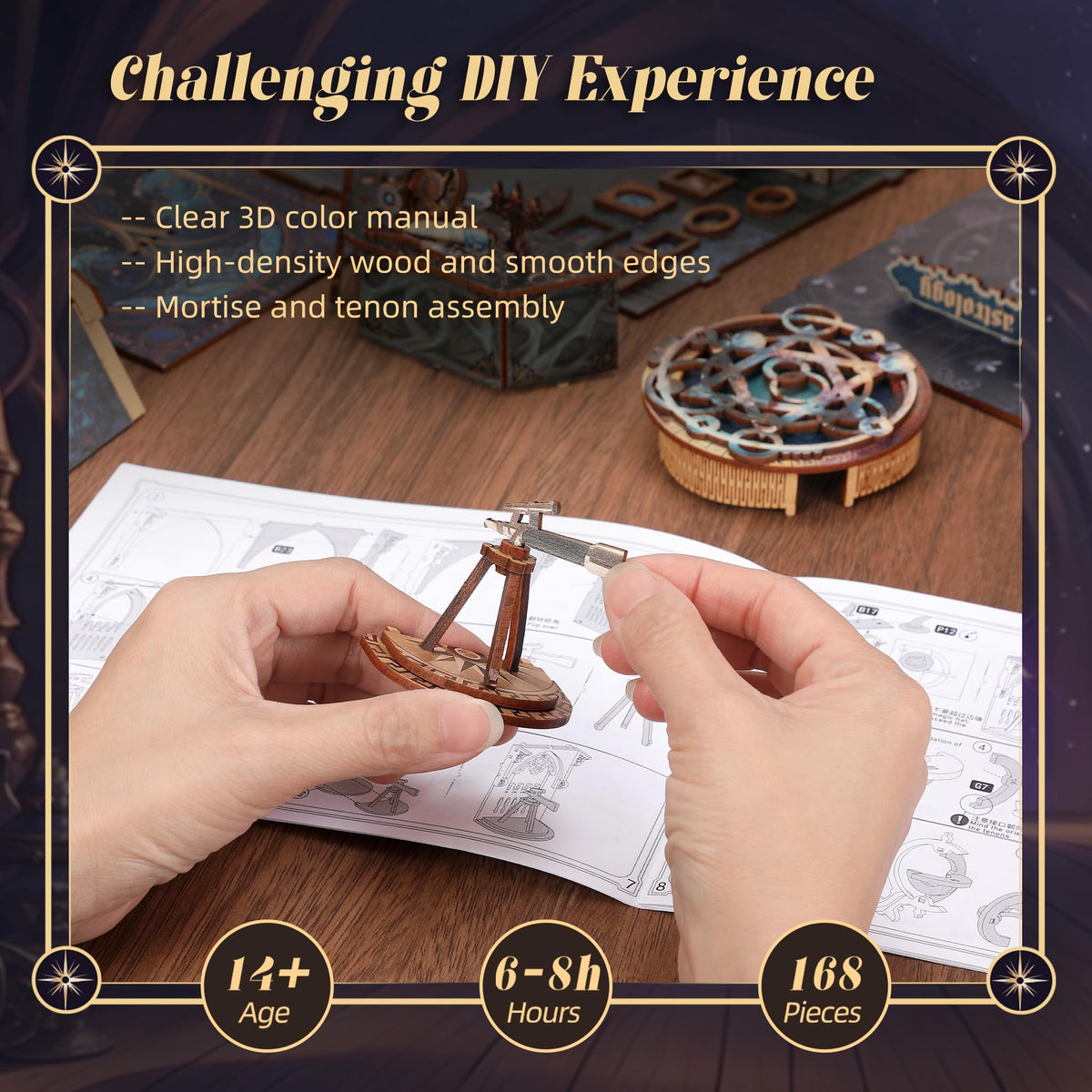 FUNPOLA 3D Wood Puzzle Book Nook Kit, Astrology Star Map Bookshelf Insert with LED Lights, DIY Celestial Miniature Bookend Décor for Display, Unique Craft Gift for Adults and Teens (Astrology)