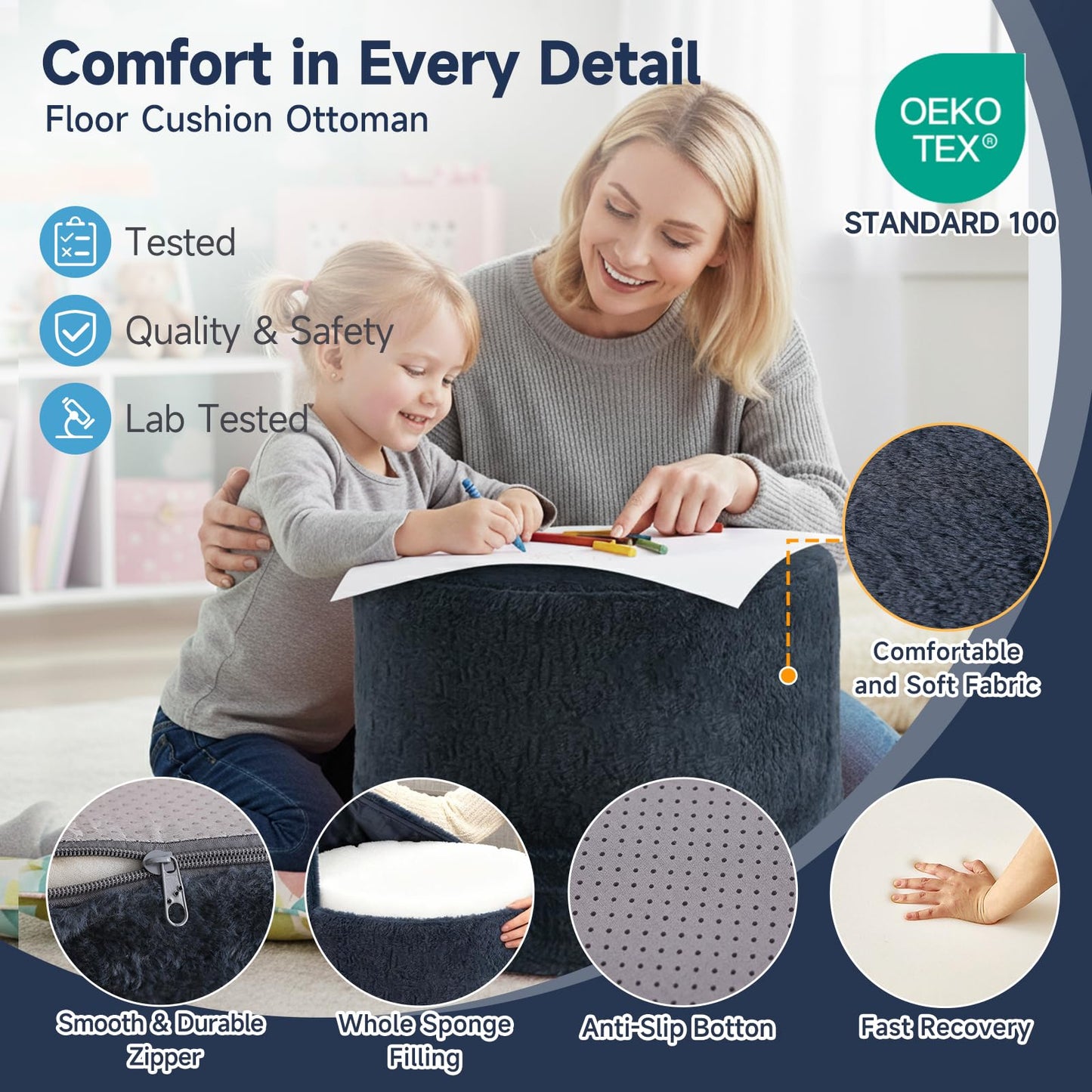 Tiita Stuffed Pouf Ottoman, Round Foot Stool Fluffy Floor Poufs Chair for Living Room Bedroom, Filled Boho Foot Rest for Couch, Blue-Grey