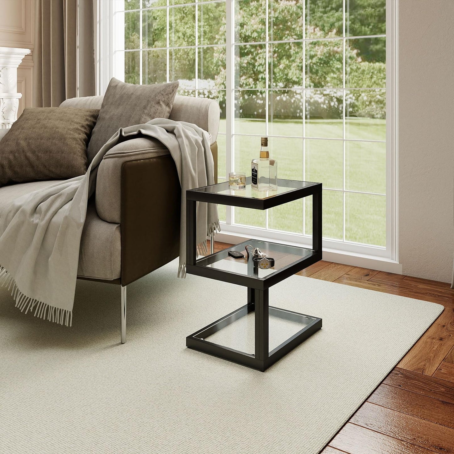 Permory Glass 3-Tier S-Shaped Side Table with LED Strip, Black End Table for Living Room & Bedroom (Rectangle)
