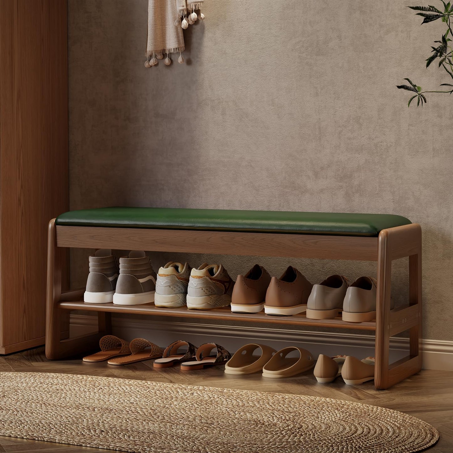 AQIMUELE Shoe Rack Bench,2 Tiers Shoe Bench with Storage with Flip-Top,Wood Shoe Rack for Entryway,Hallway（Green Upholstered Seat,11.8" D x 39.3" W x 15.7" H）