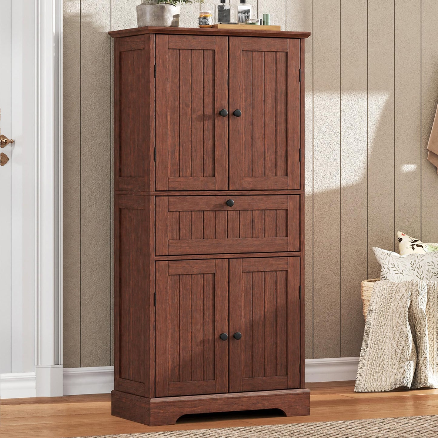 ChooChoo 51" H Tall Bathroom Floor Cabinet, Modern Bathroom Storage Cabinet with Drawer and Adjustable Shelves, Freestanding Kitchen Pantry Cupboard with 4 Doors for Living Room, Walnut