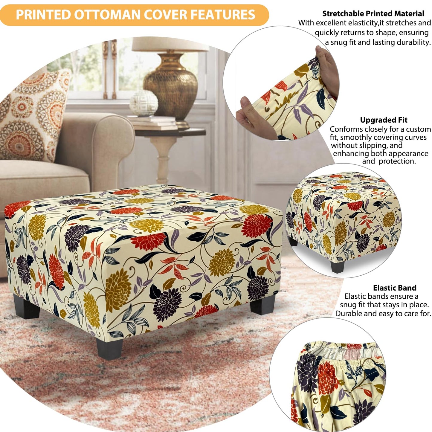TOPHMDECOR Ottoman Cover Rectangle Printed,Stretch Footstool Slipcover with Elastic Bottom,Soft Fabric Protector for Rectangular Ottoman in Living Room or Bedroom,Medium,Flower B