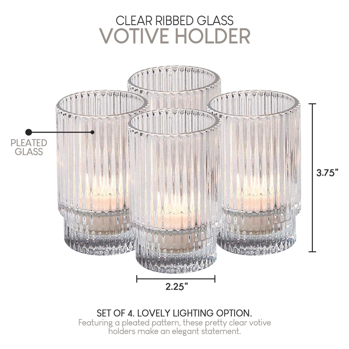 Serene Spaces Living Ribbed Glass Votive Holders – Elegant Pleated Candle Holders for Tea Lights, Votive Candles – Decorative Glass Holders for Home, Weddings, 3.75" Tall and 2.25" Diameter, Set of 4