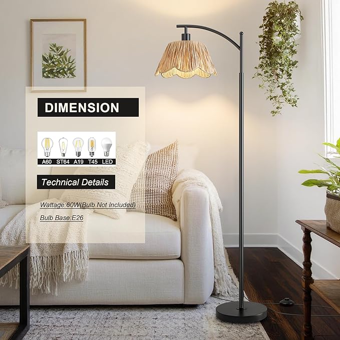 Oneach Arc Floor Lamp for Living Room, Rattan Boho Floor Lamp