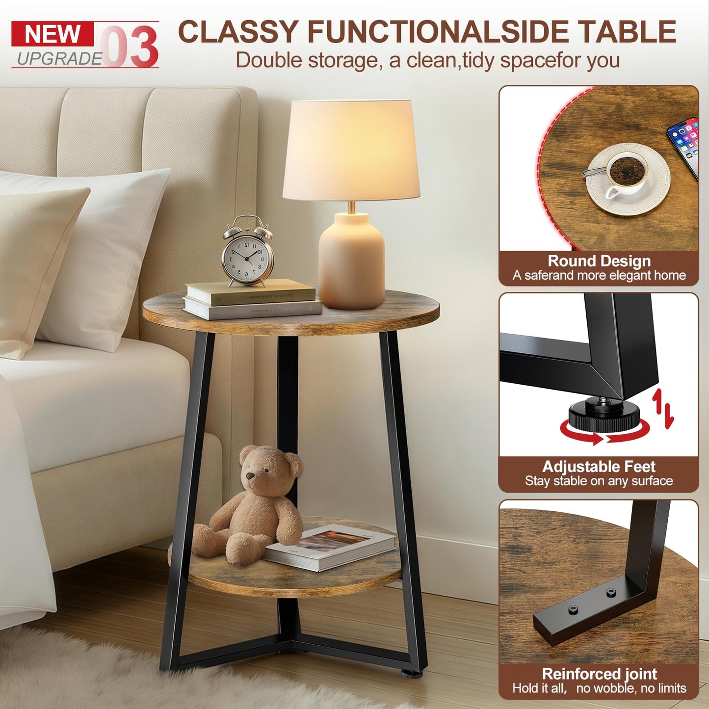 Round Side Table, 2-Tier Small End Table with Storage Shelf, Ultra Stable Coffee End Table/Nightstand, Modern Farmhouse Couch Table for Living Room, Bedroom, Bedside Stand or Small Spaces, Brown