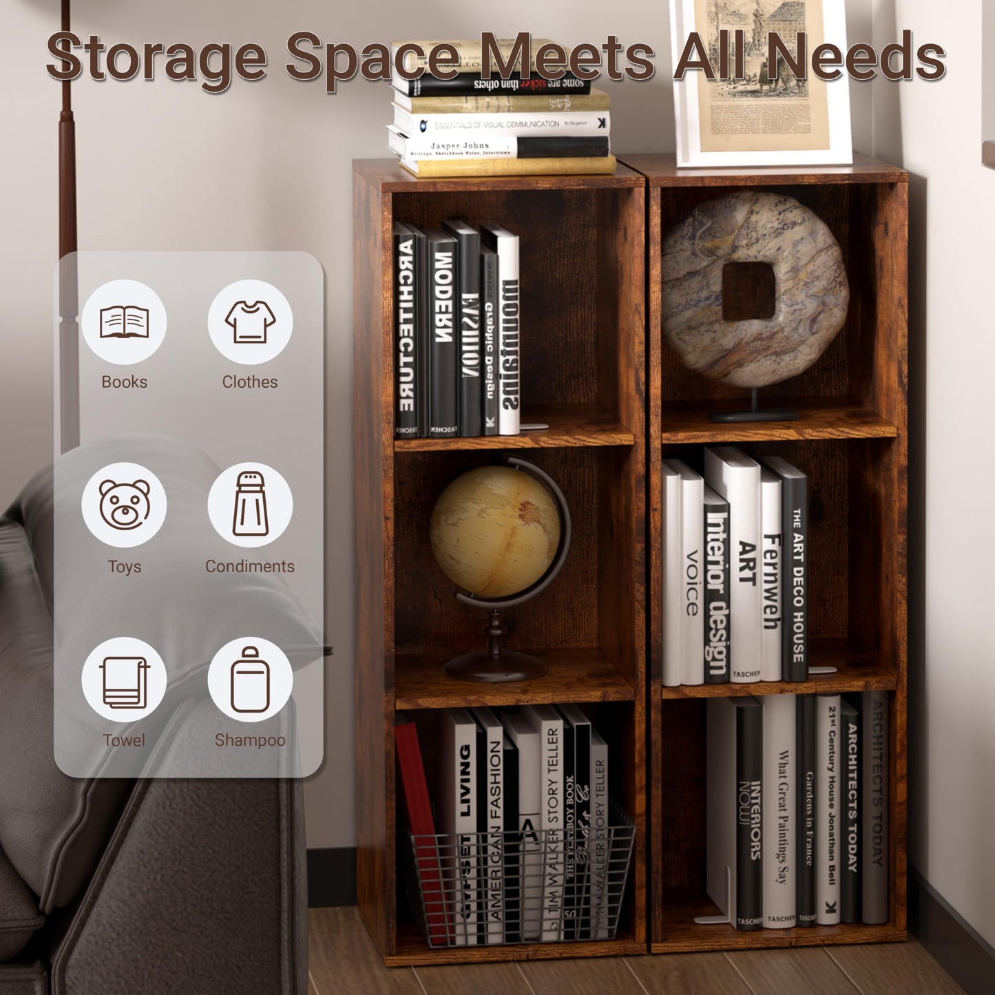 NewBeth Cube Storage Organizer, 3 Cube Retro Bookshelf, Freestanding 3 Tier Open Shelf, Rustic Brown Retro Shelves for Home Office, Bedroom, Living Room, Study