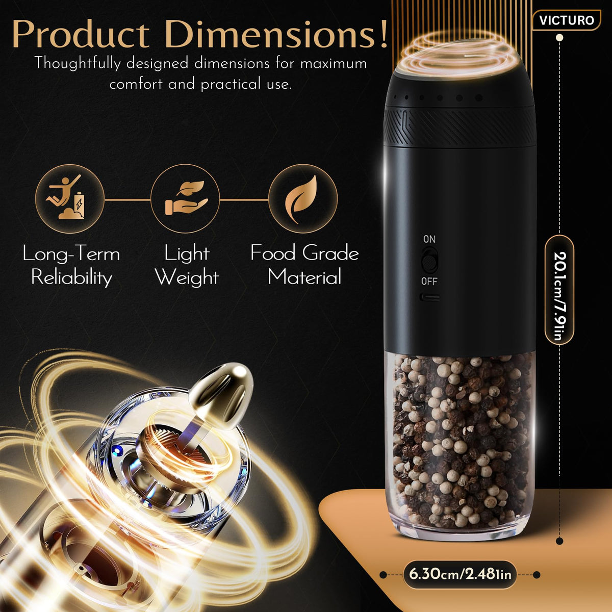 Victuro Electric Salt and Pepper Grinder Set, Automatic Refillable Salt and Pepper Grinder Set Rechargeable, One-Touch Electric Pepper Grinder, Stainless Steel Salt and Pepper Shakers Set for Kitchen