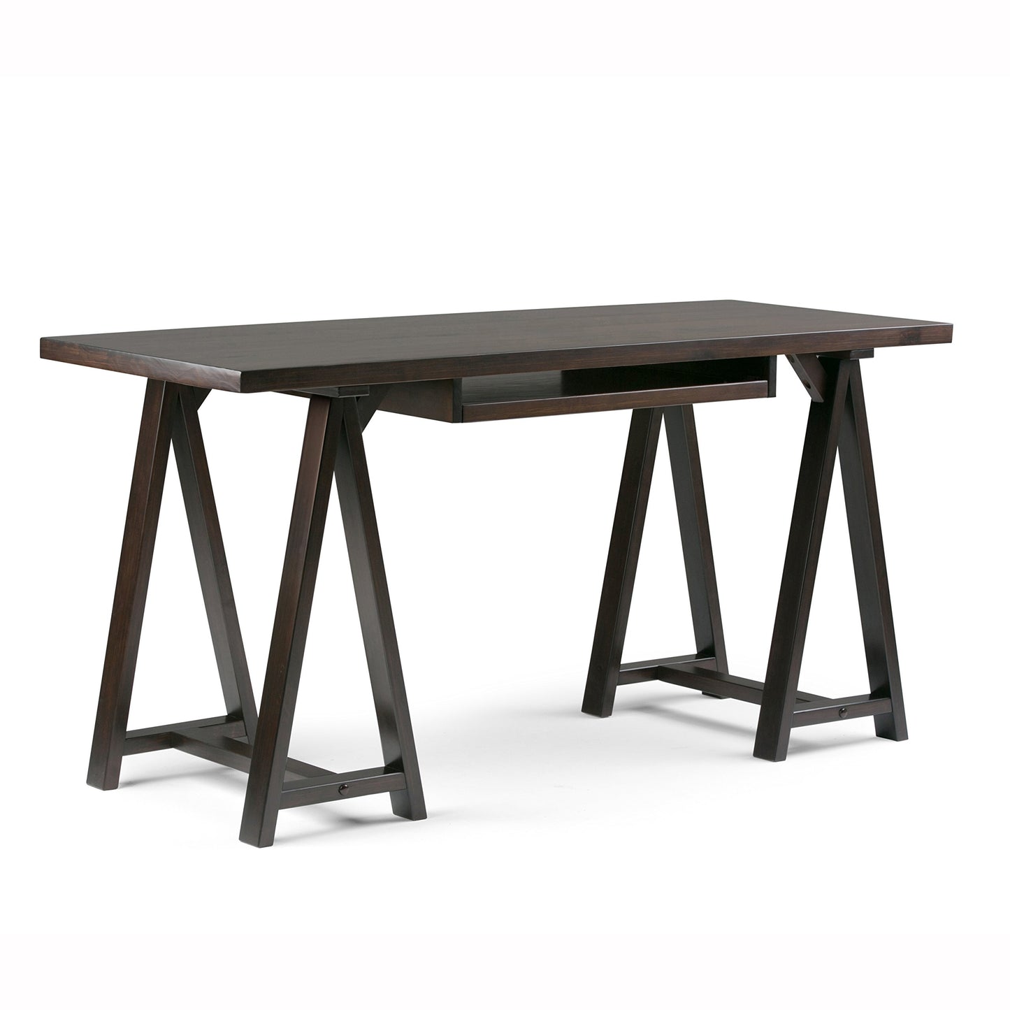 SIMPLIHOME Sawhorse Desk - 60 Inch Wide Solid Wood Writing Desk in Dark Chestnut Brown, Modern Industrial Home Office Computer Table for Workspace with Sawhorse Base and Integrated Keyboard Tray
