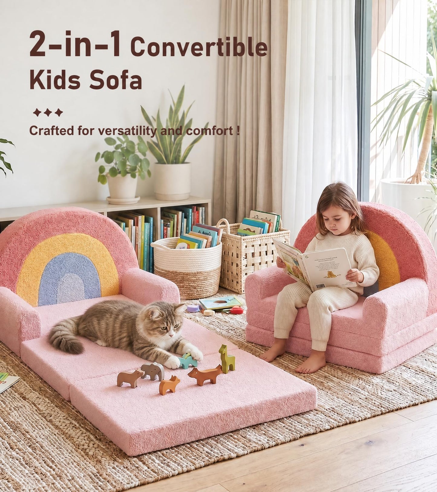 little dove Extra Wide Soft Kids Couch Fold Out, 2-in-1 Kids Couch, Convertible Kid Sofa, Kid Furniture for Playroom, Ideal Gifts for Boys & Girls Ages 3+, Pink