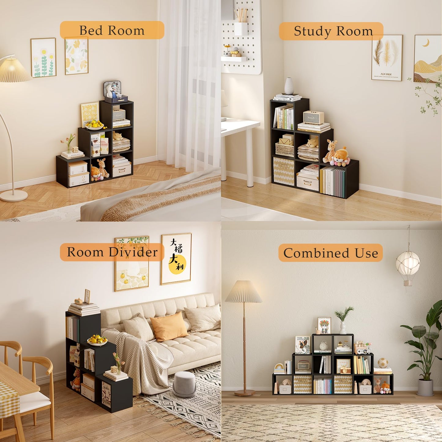 OSCHF Ladder Cube Storage Bookcase - Wooden L-Shaped 3-Tier Corner Shelf, Reversible 6-Cube Organizer for Home & Office, Black