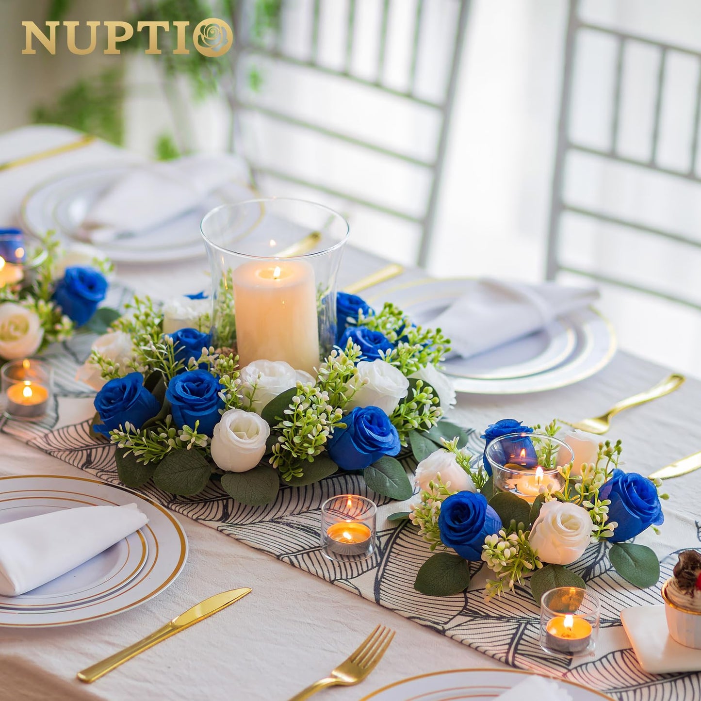 NUPTIO Flower Candle Rings for Centerpieces: 13.4 Inch Rose Wreath for Wedding Party Christmas - Royal Blue & White Wreaths for Spring Summer Front Door Porch Table Decor 2 Pcs
