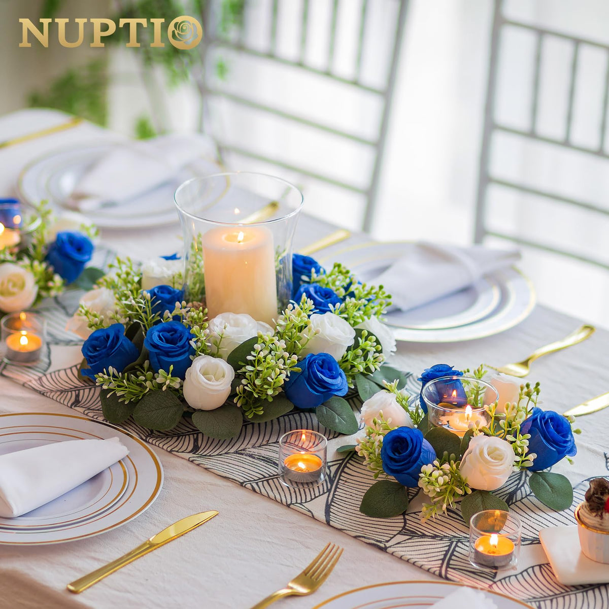 NUPTIO Flower Candle Rings for Centerpieces: 13.4 Inch Rose Wreath for Wedding Party Christmas - Royal Blue & White Wreaths for Spring Summer Front Door Porch Table Decor 6 Pcs