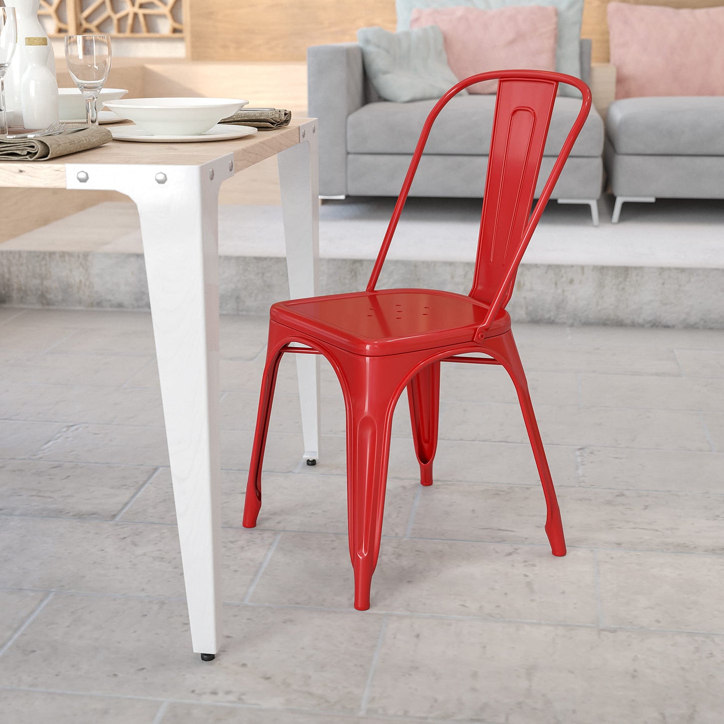 Flash Furniture Perry Commercial Grade Red Metal Indoor-Outdoor Stackable Chair with Powder Coated Steel Frame