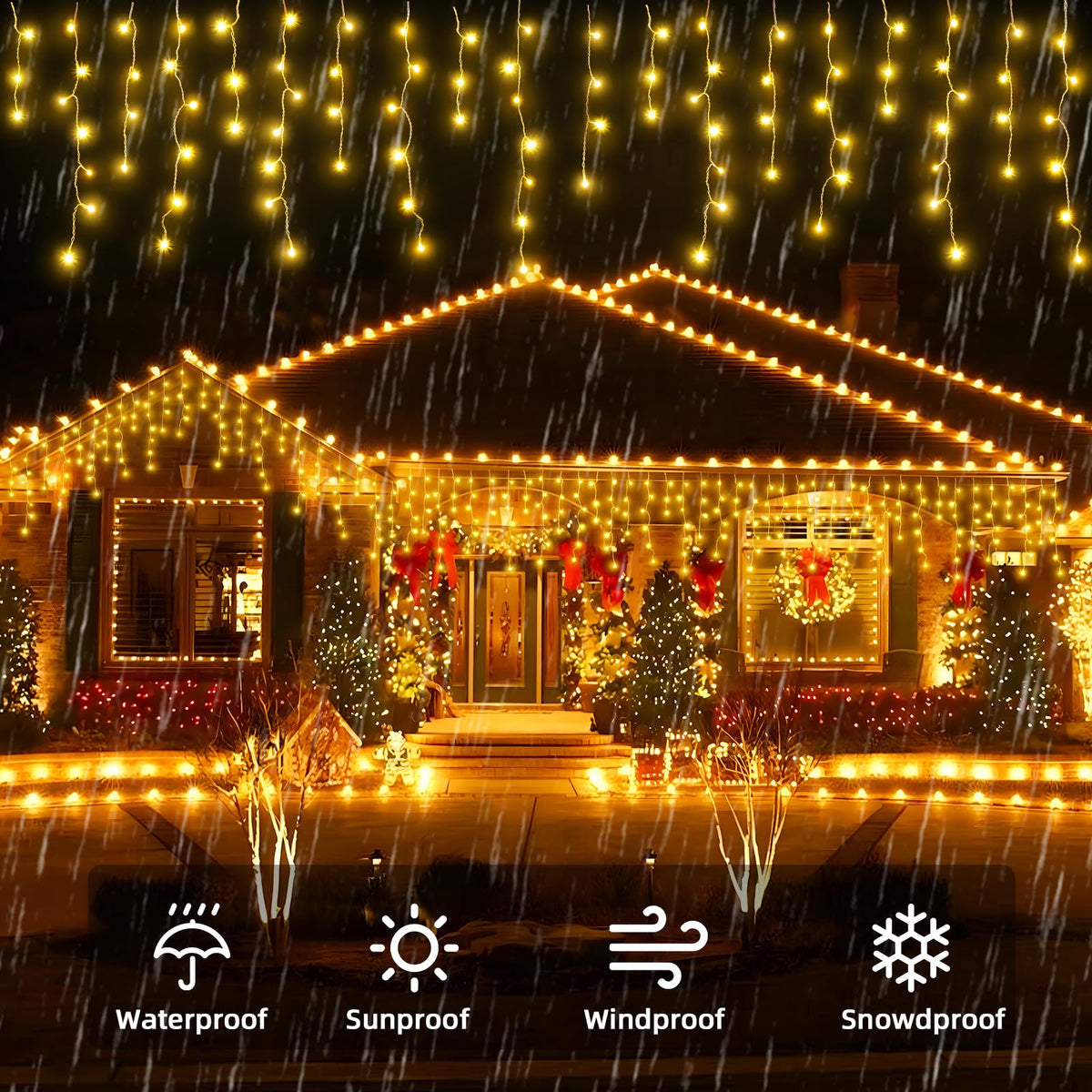 BYIZO Christmas Outdoor Icicle Lights - 200 LED 21+16 FT 8 Modes Curtain Fairy String Light Plug in, Waterproof for Eaves Yard Holiday Xmas Holiday Indoor Outdoor Decoration - Warm White