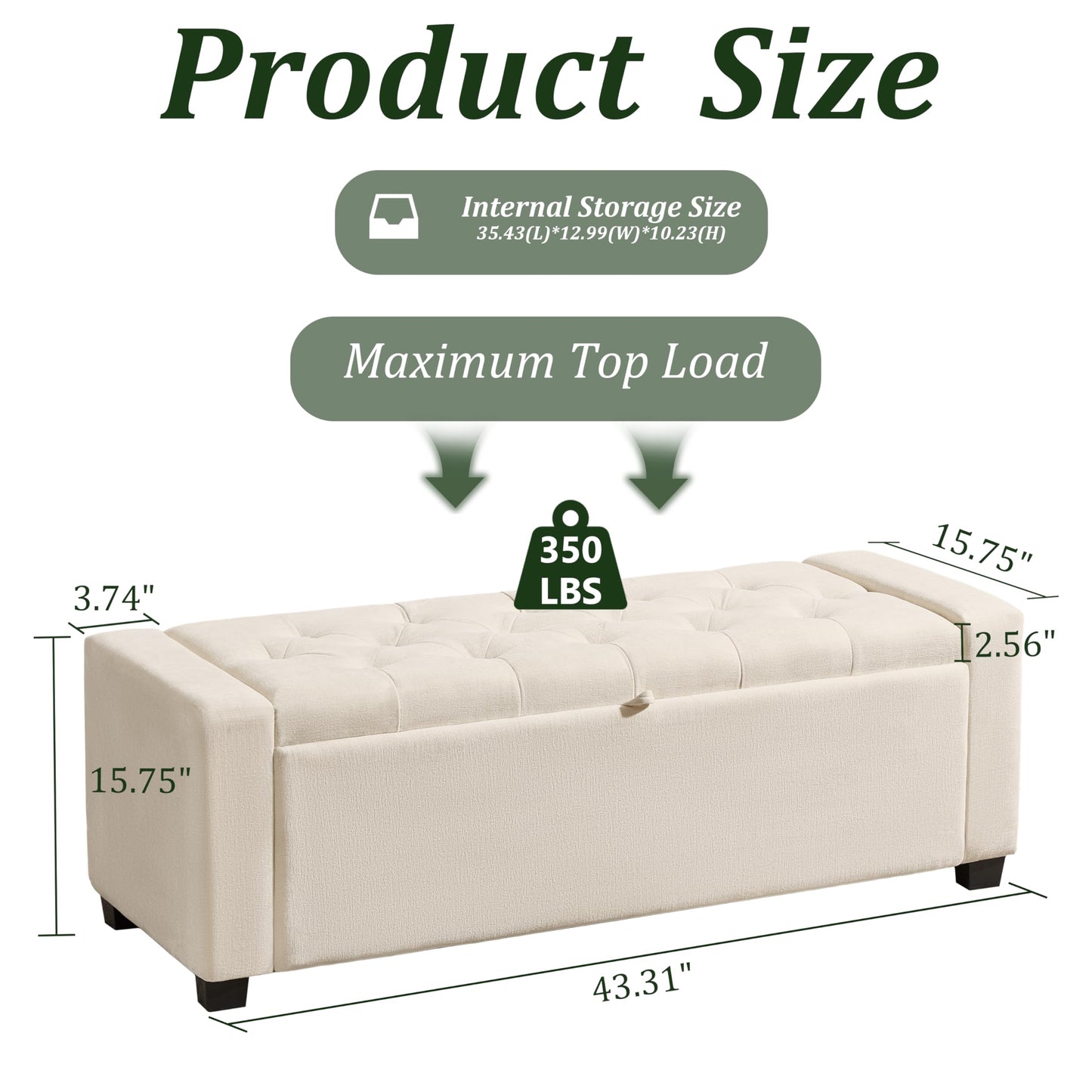 Royal Windsor Ottoman with Storage,Tufted Storage Bench with Safety Hinge,Holds up to 350 lb,Upholstered Bench with Seating for Bedroom, Living Room,Entryway,Linen Beige