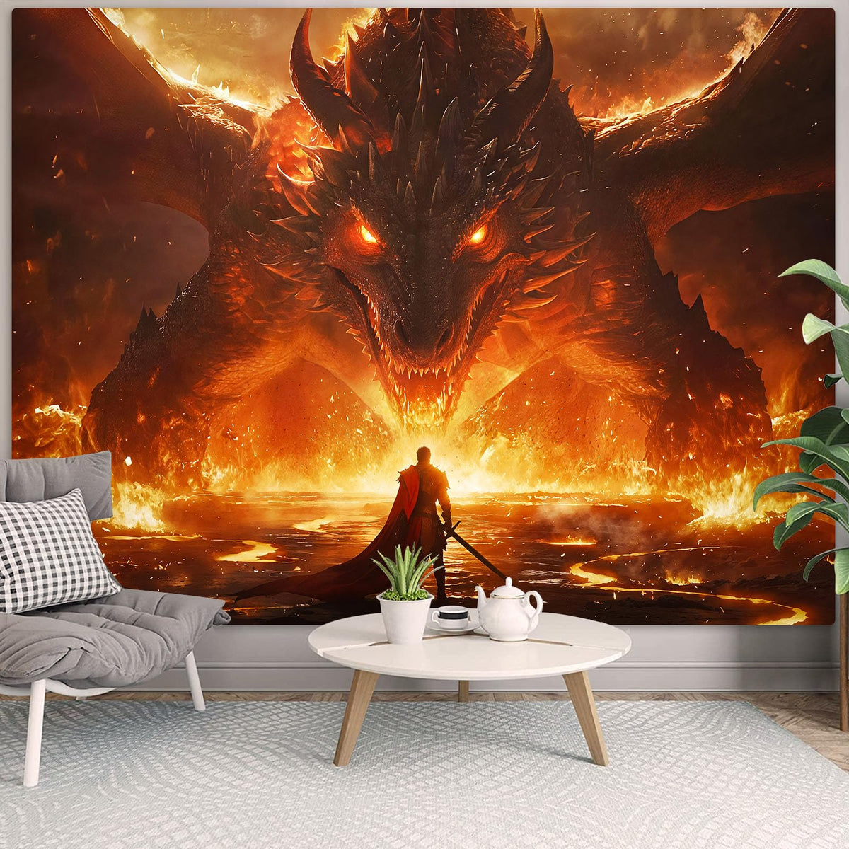 Spenlife Flaming Dragon Showdown Wall Tapestry, Fantasy Brave Warrior Tapestries for Room Decor, Intense Tapestry 60x44 Inch