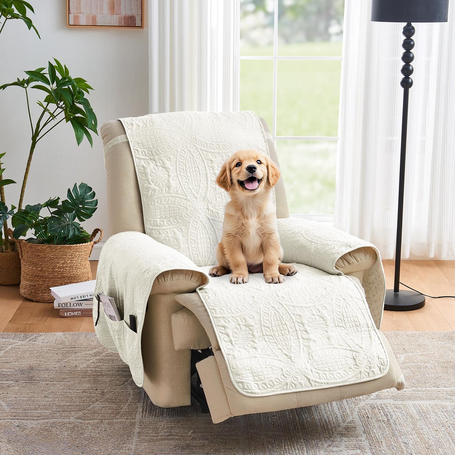 Pamhaven Ivory Recliner Chair Covers, Quilted Décor Water-Repellent Medium Lazy Boy Chair Covers, Pet Friendly Recliner Cover for Dogs Cats, Washable Couch Cover (Recliner 26", Ivory White)